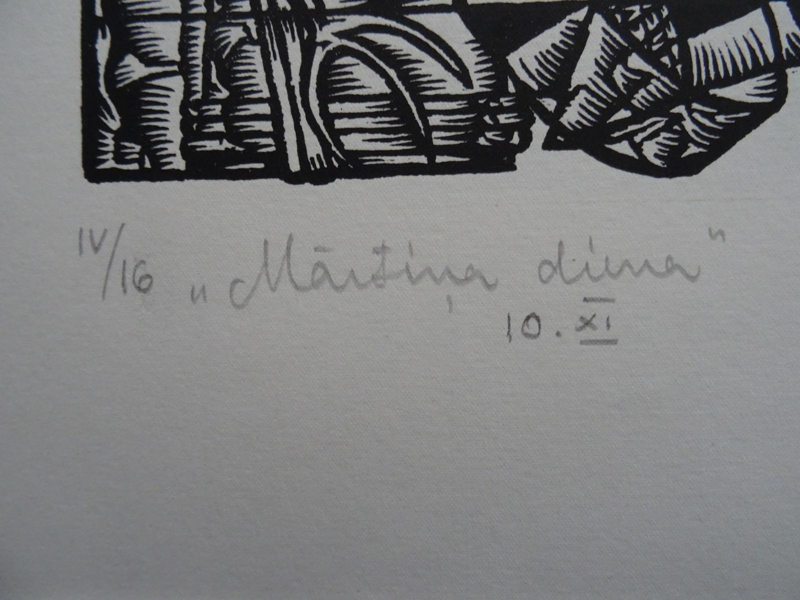 Martins-Tag. 1984. Papier, Linolschnitt, 25x34 cm – Print von Dainis Rozkalns