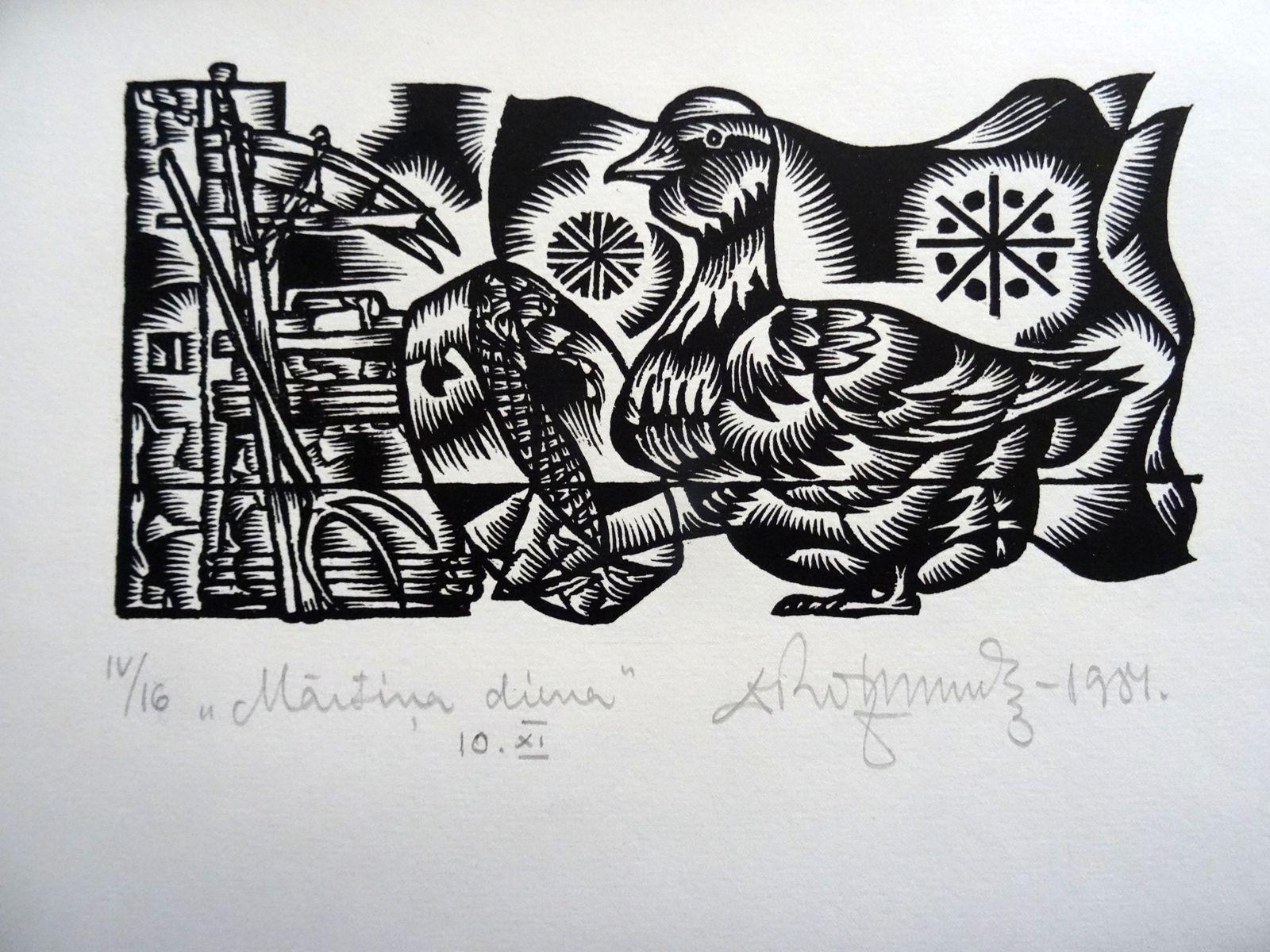 Dainis Rozkalns Animal Print - Martins day. 1984. Paper, linocut, 25x34 cm