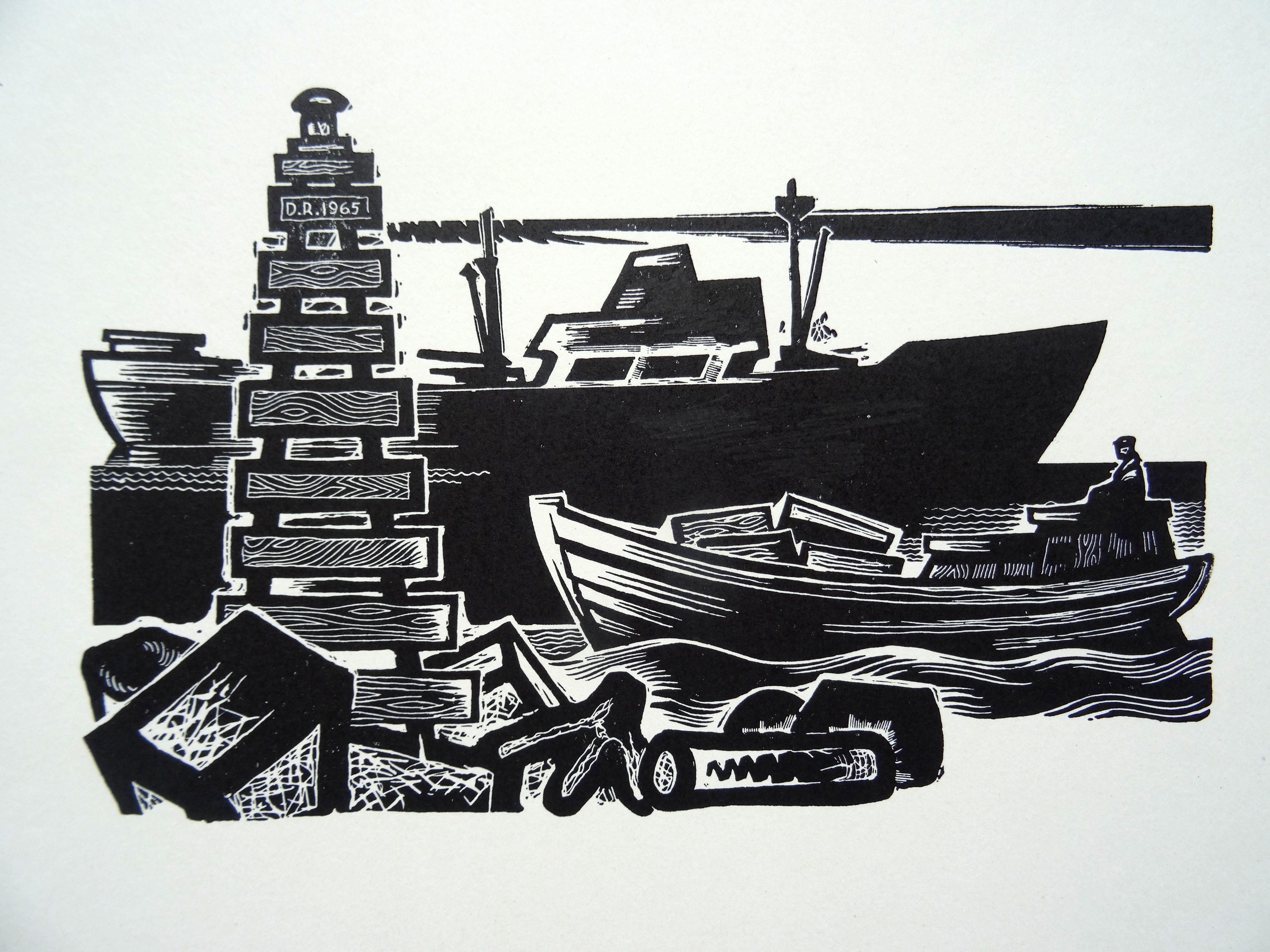 Dainis Rozkalns Print - Meeting. Paper, linocut, 21x27, 5 cm