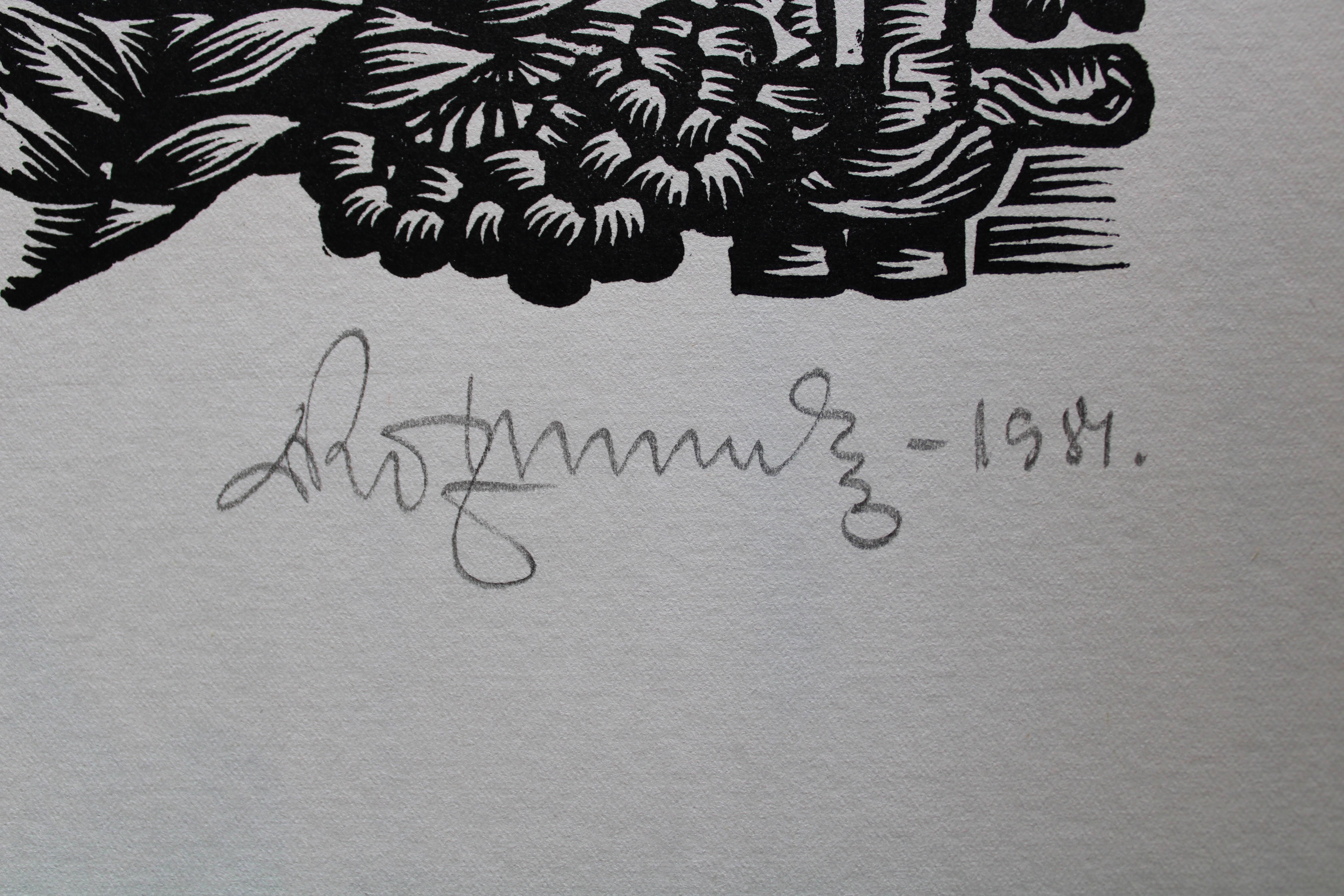 Midsummer ferns. Nr. 2. 1984. Paper, linocut, 20x34 cm - Folk Art Print by Dainis Rozkalns