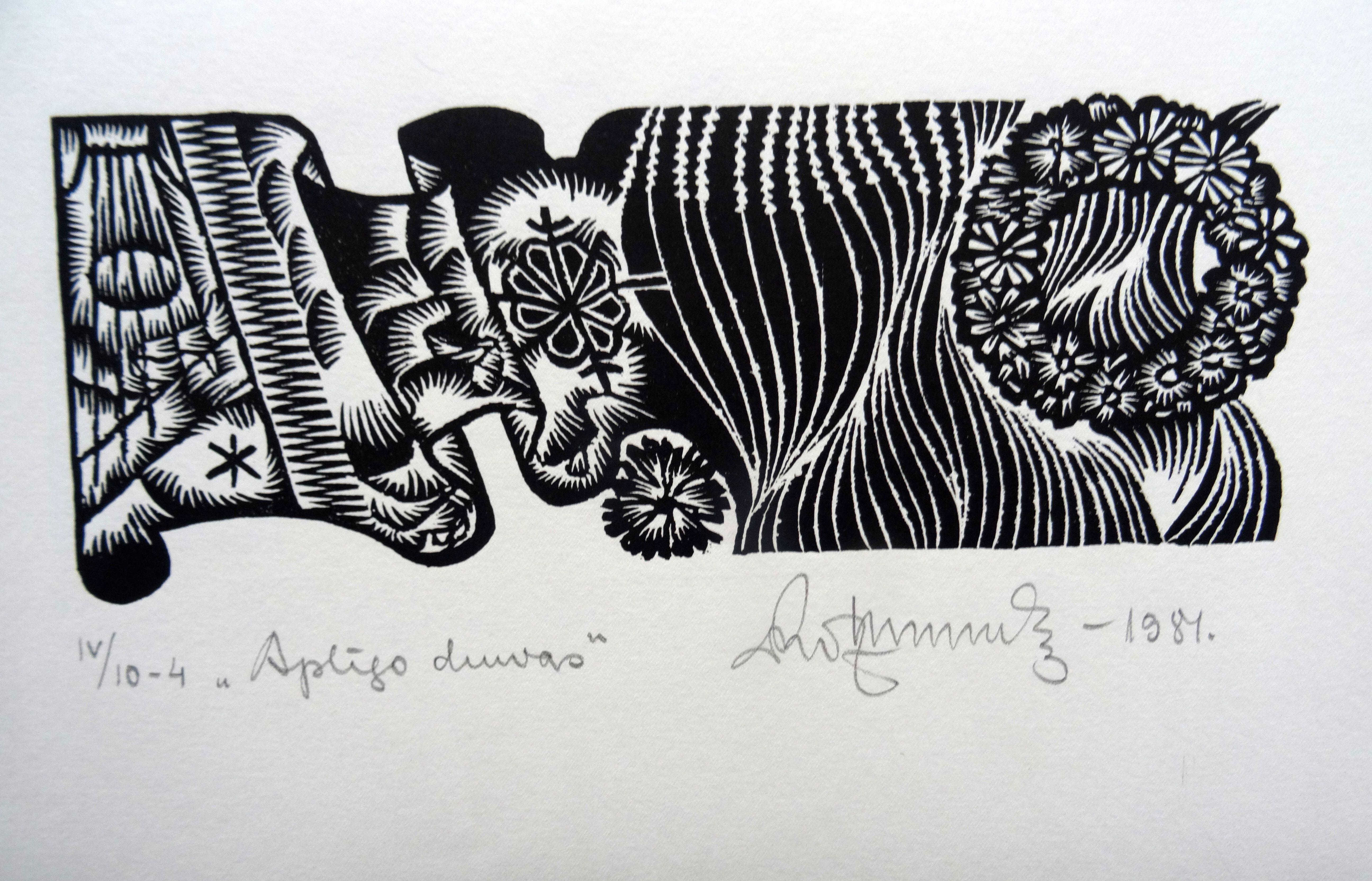 Dainis Rozkalns Print - Midsummer wreath. 1984. Paper, linocut, 20x34 cm