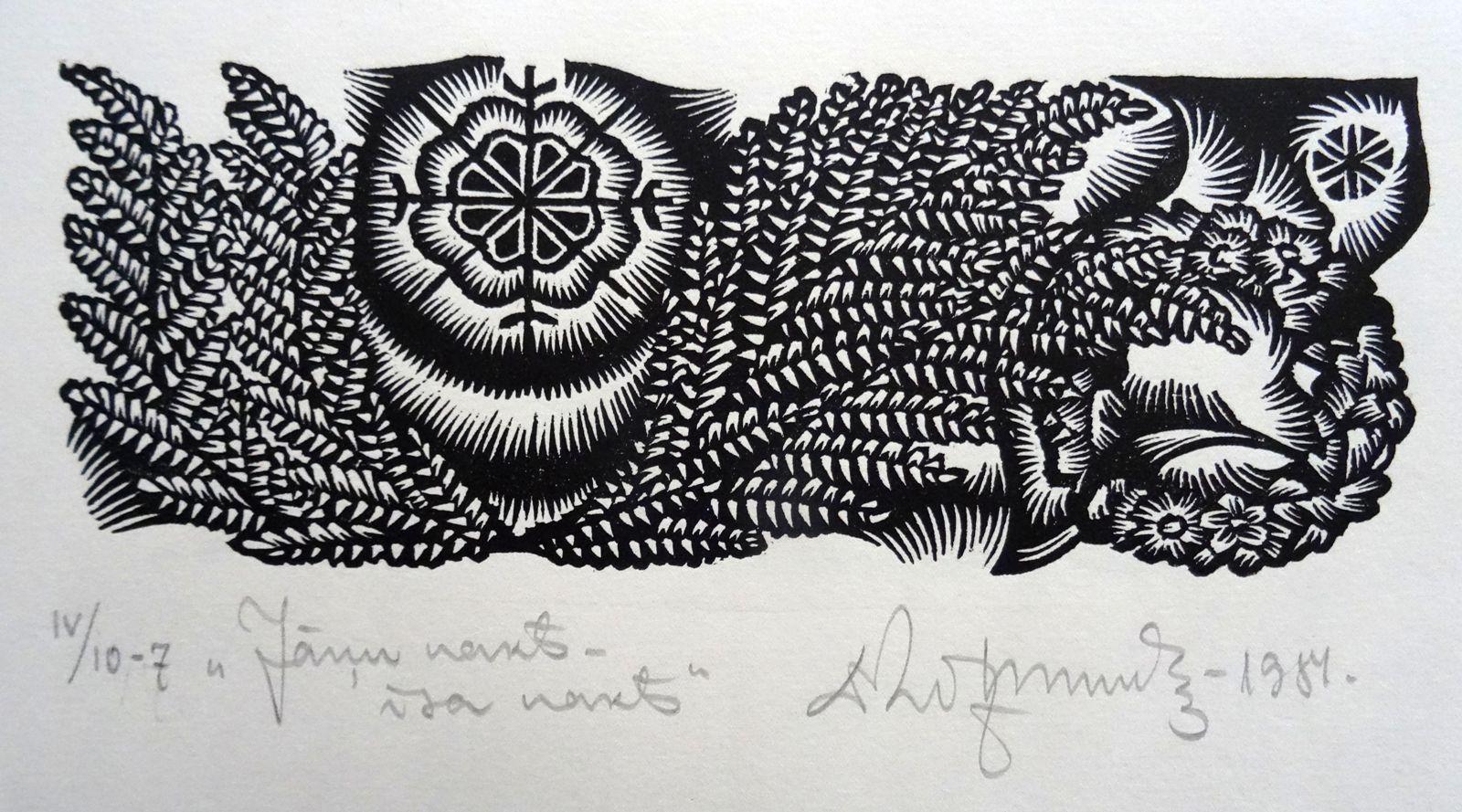 Dainis Rozkalns Print - Night of solstice. 1984. Paper, linocut, 20x34 cm