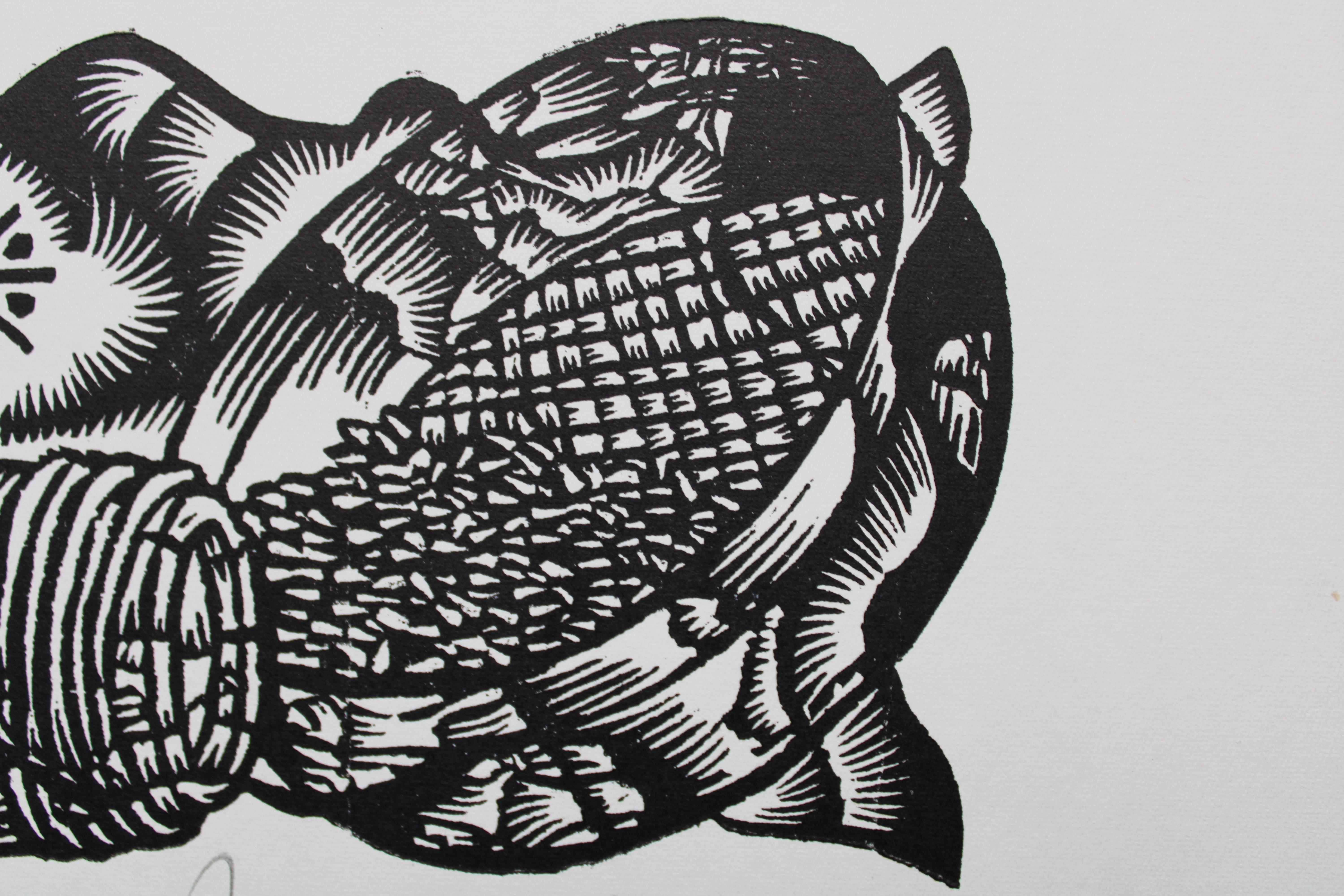 Pawns. 1982. Paper, linocut, 20x34 cm - Folk Art Print by Dainis Rozkalns