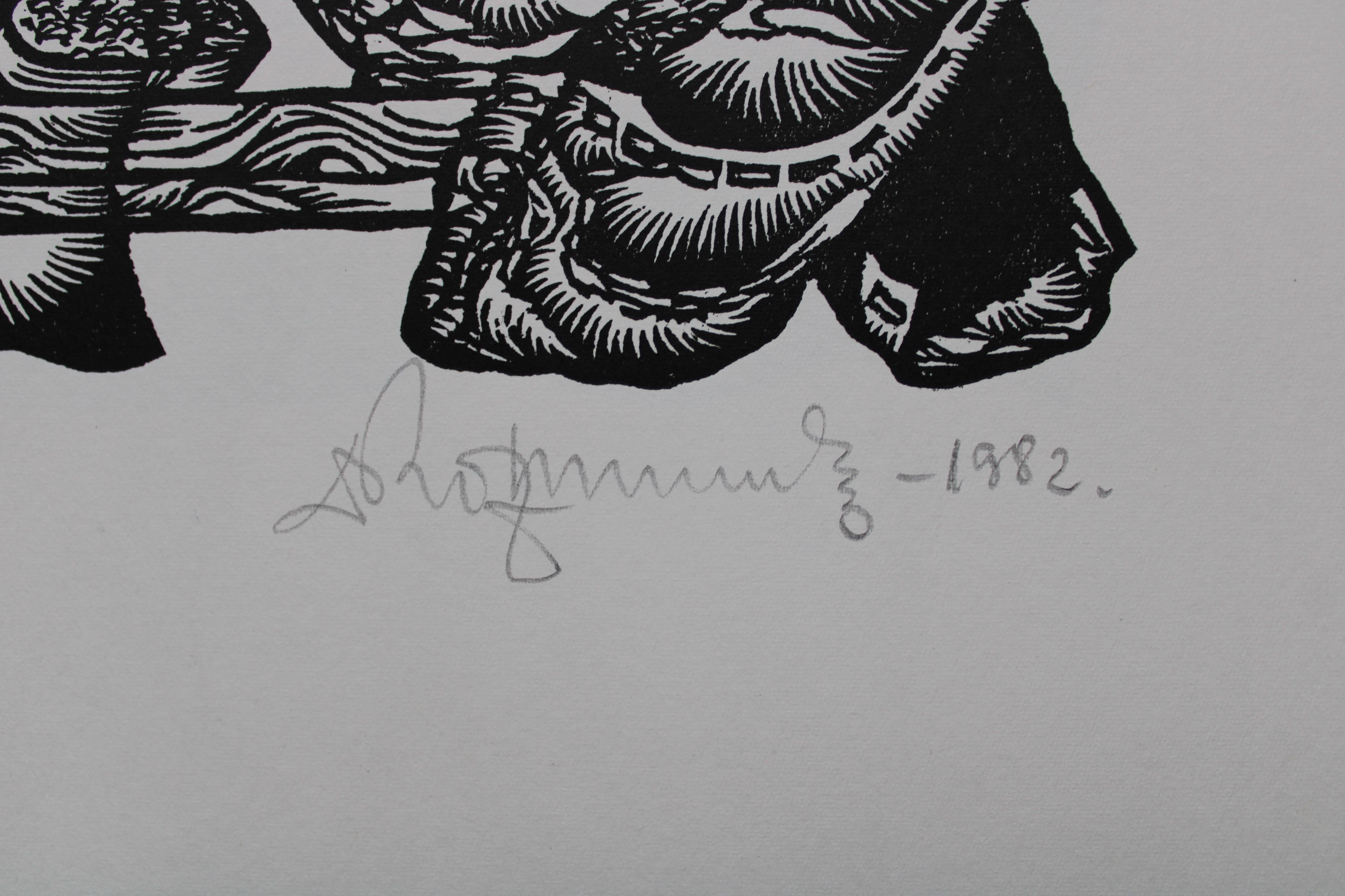 Pawns. 1982. Paper, linocut, 20x34 cm - Gray Print by Dainis Rozkalns