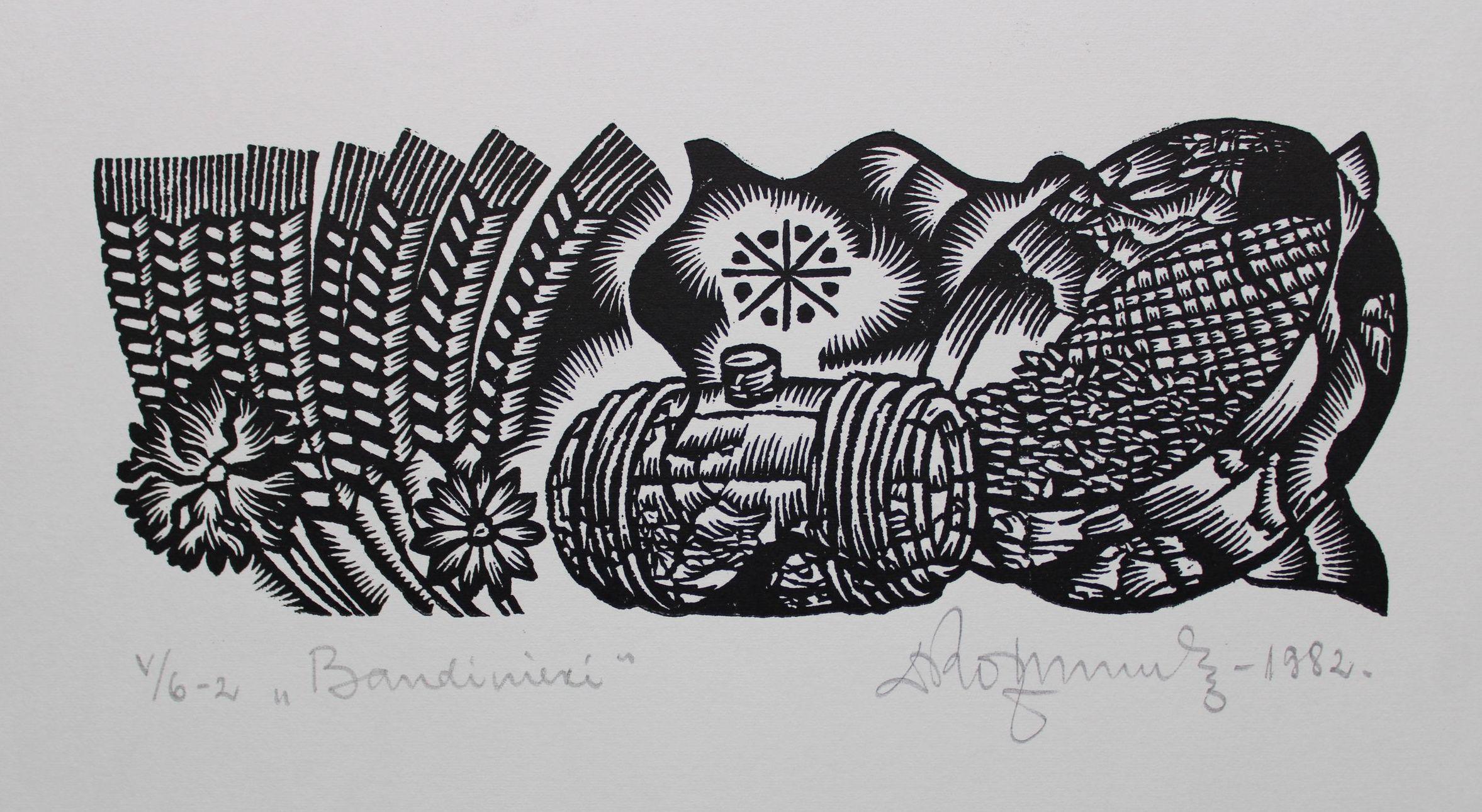 Peones. 1982. Papel, linograbado, 20x34 cm
