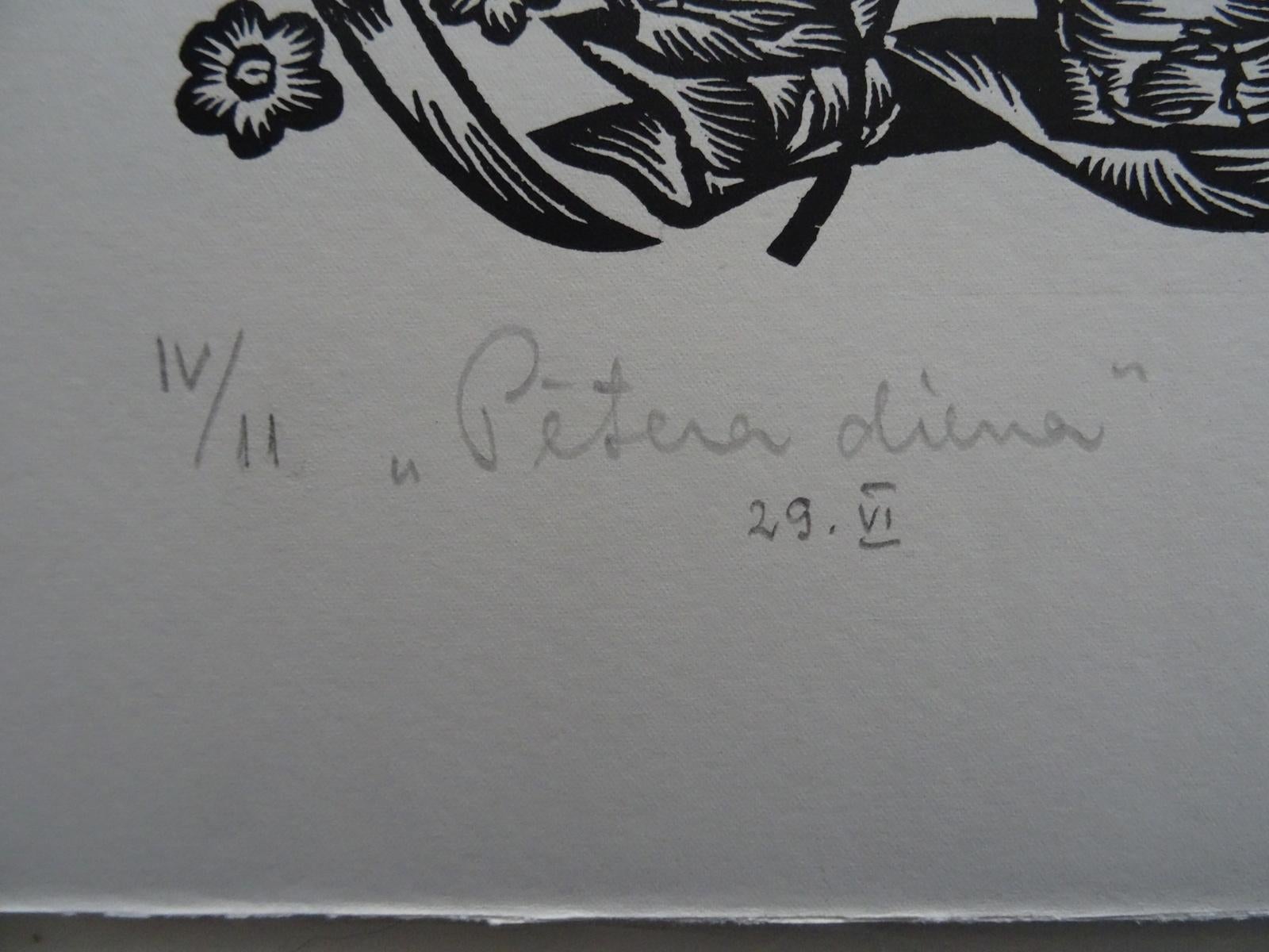 Peteris day. 1984. Paper, linocut, 25x34 cm - Folk Art Print by Dainis Rozkalns