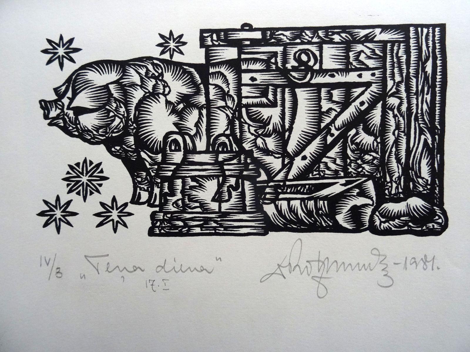 Dainis Rozkalns Animal Print - Pig day. 1984. Paper, linocut, 25x34 cm