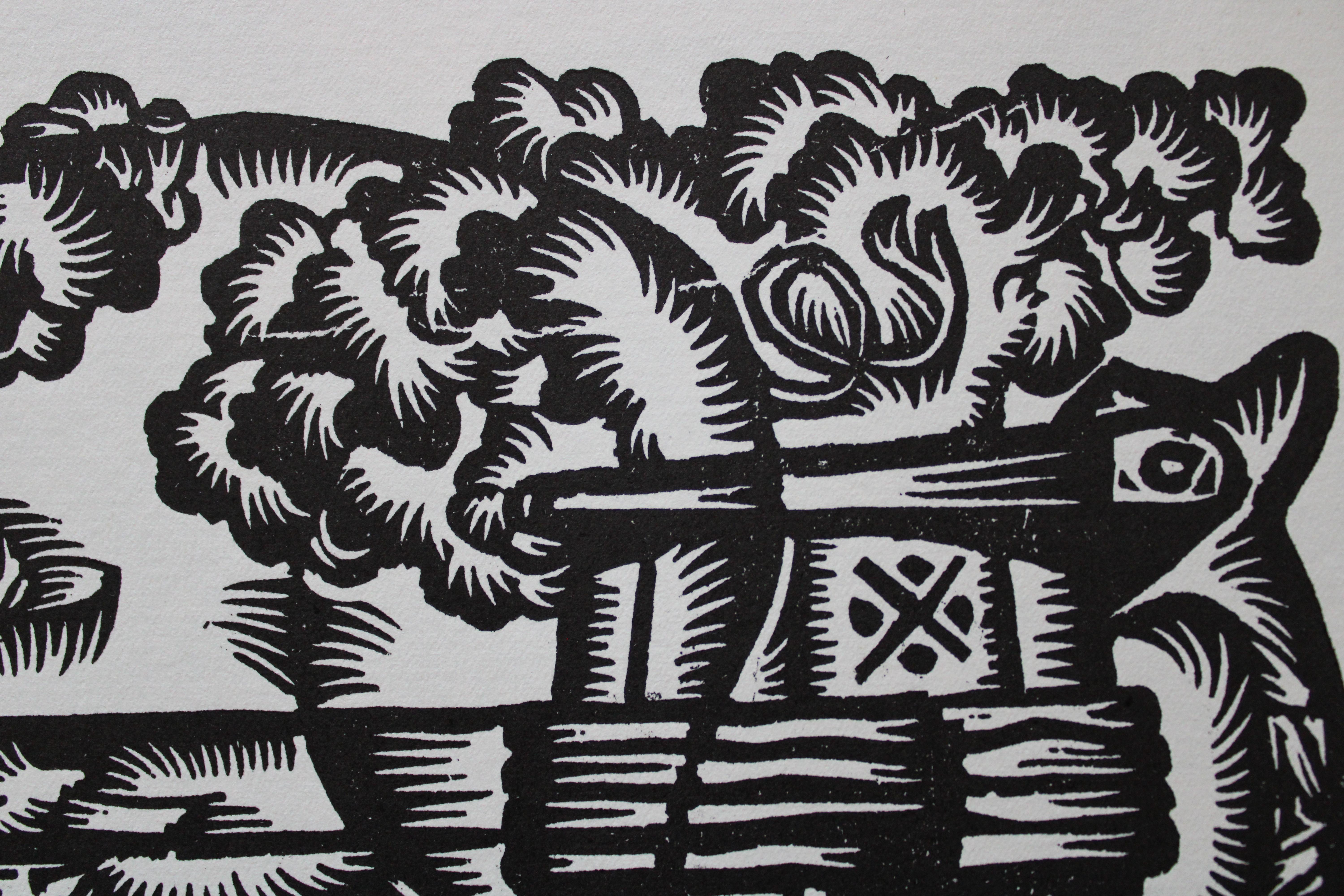 Pig farmer's job. 1979. Paper, linocut, 25x34 cm - Gray Animal Print by Dainis Rozkalns