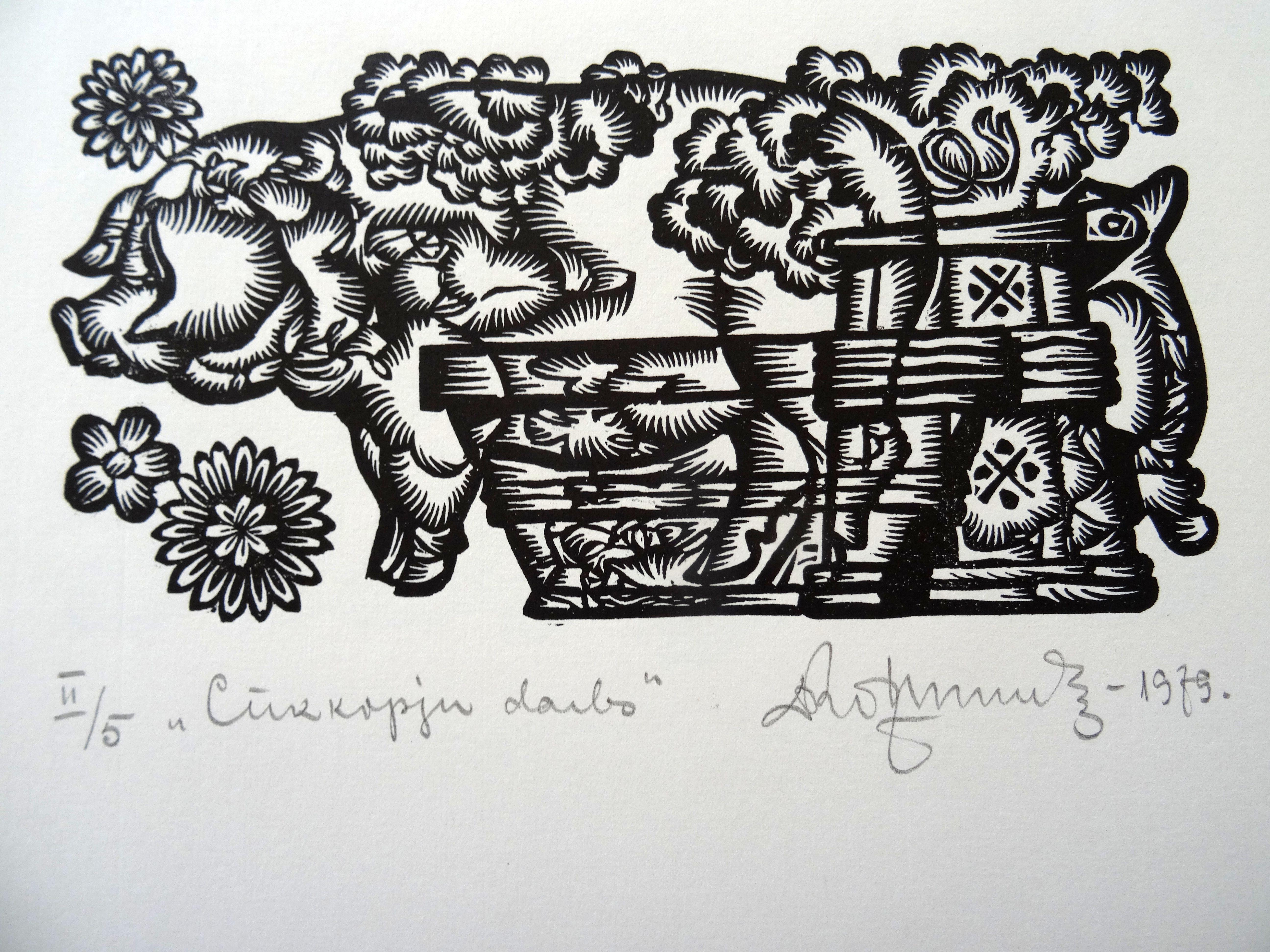 Dainis Rozkalns Animal Print – Beruf des Schweinezüchters. 1979. Papier, Linolschnitt, 25x34 cm