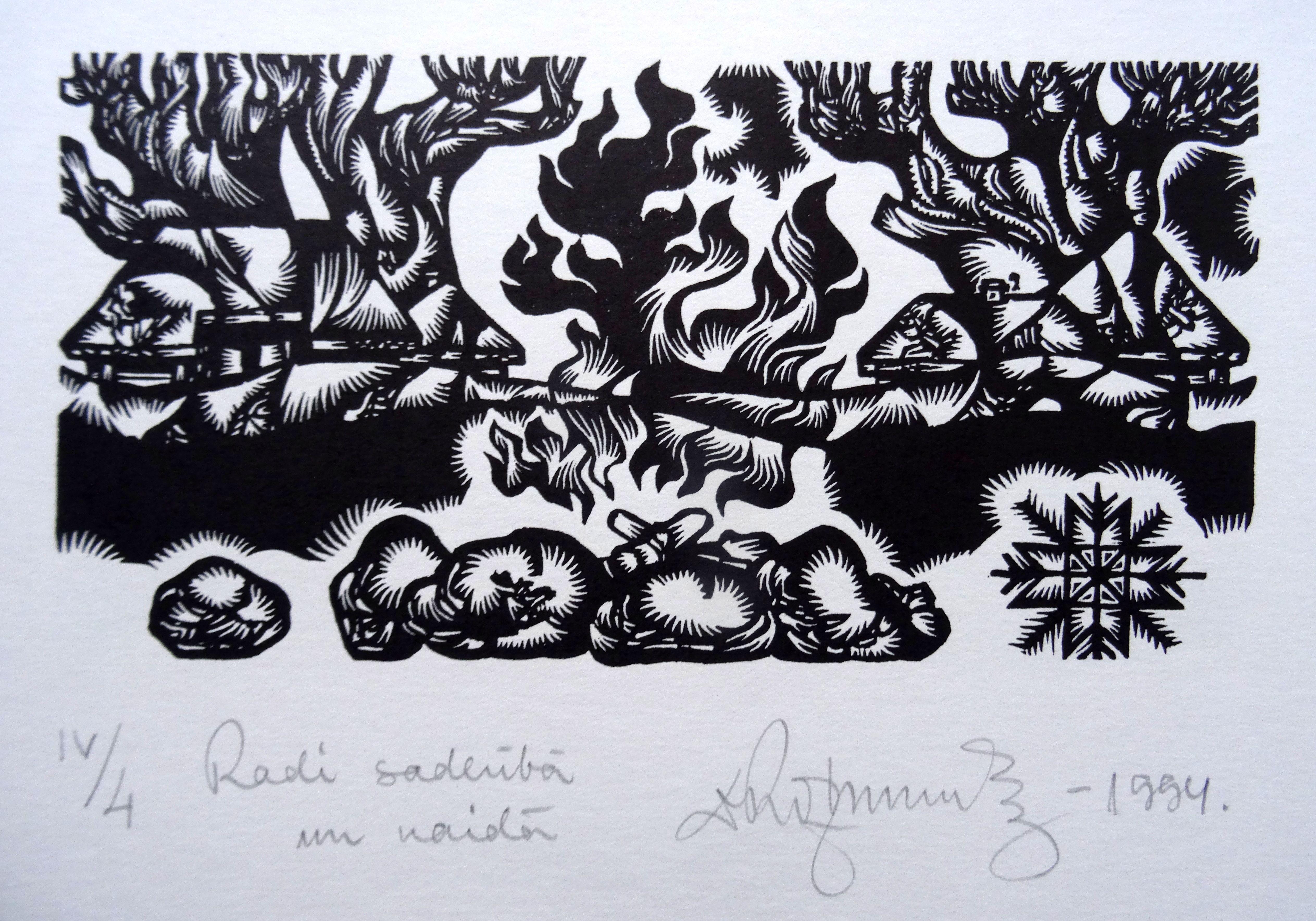 Landscape Print de Dainis Rozkalns - Familiares discutiendo. 1994. Papel, linograbado, 25x33 cm