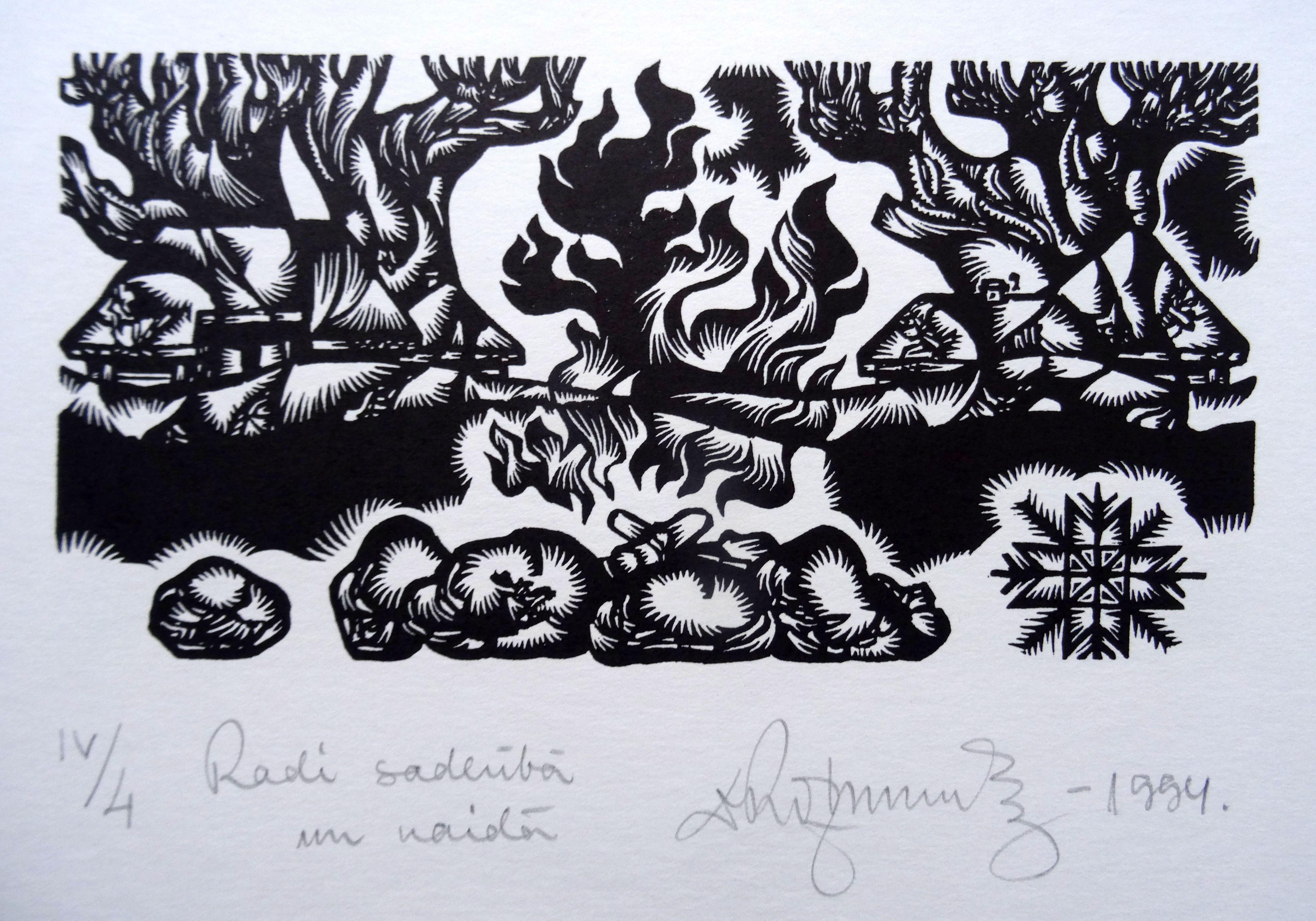 Landscape Print Dainis Rozkalns - Relatives arguant. 1994. Papier, linogravure, 25 x33 cm