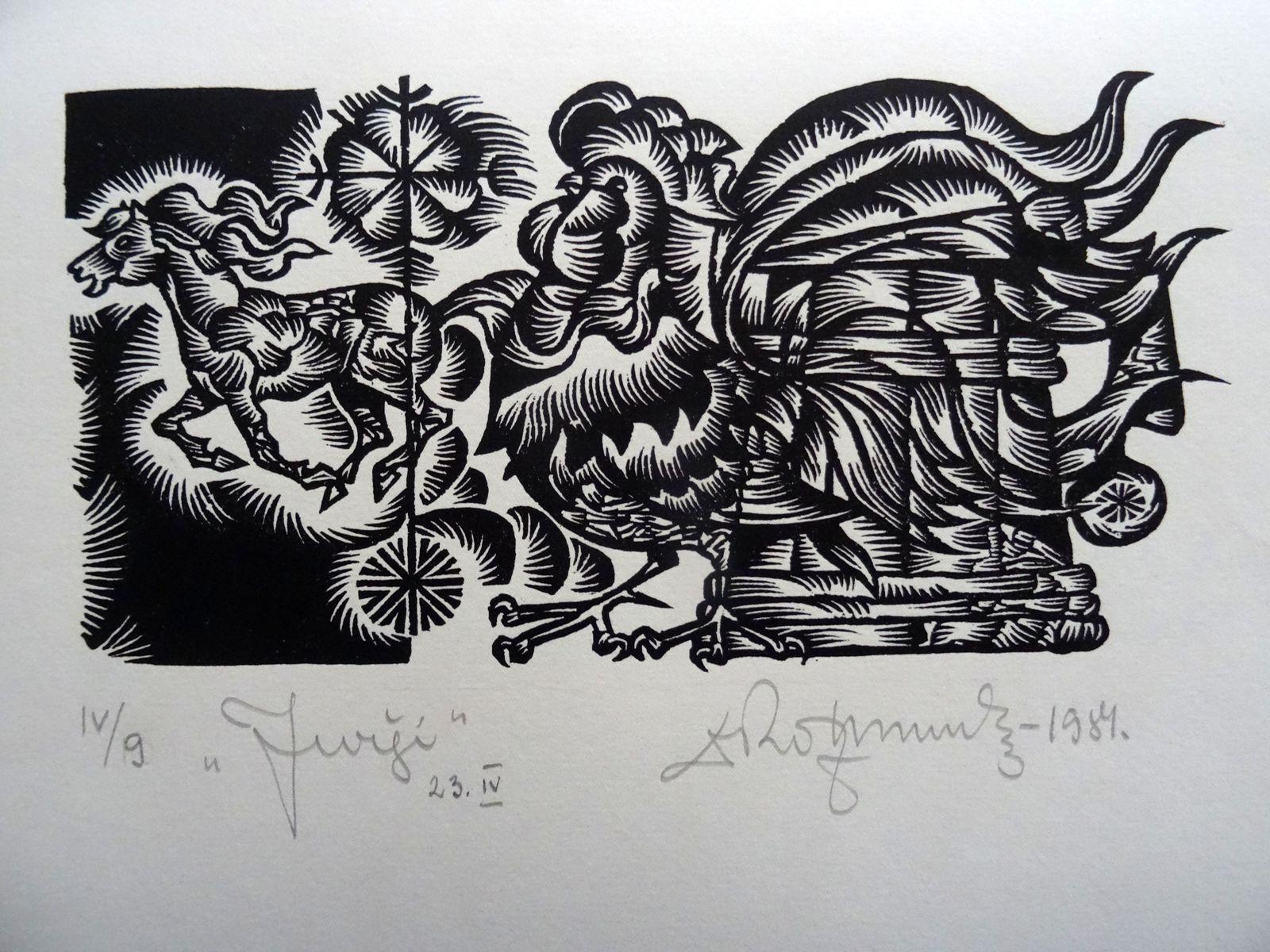 Dainis Rozkalns Print - Rooster. 1984. Paper, linocut, 25x34 cm