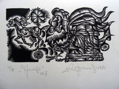 Vintage Rooster. 1984. Paper, linocut, 25x34 cm