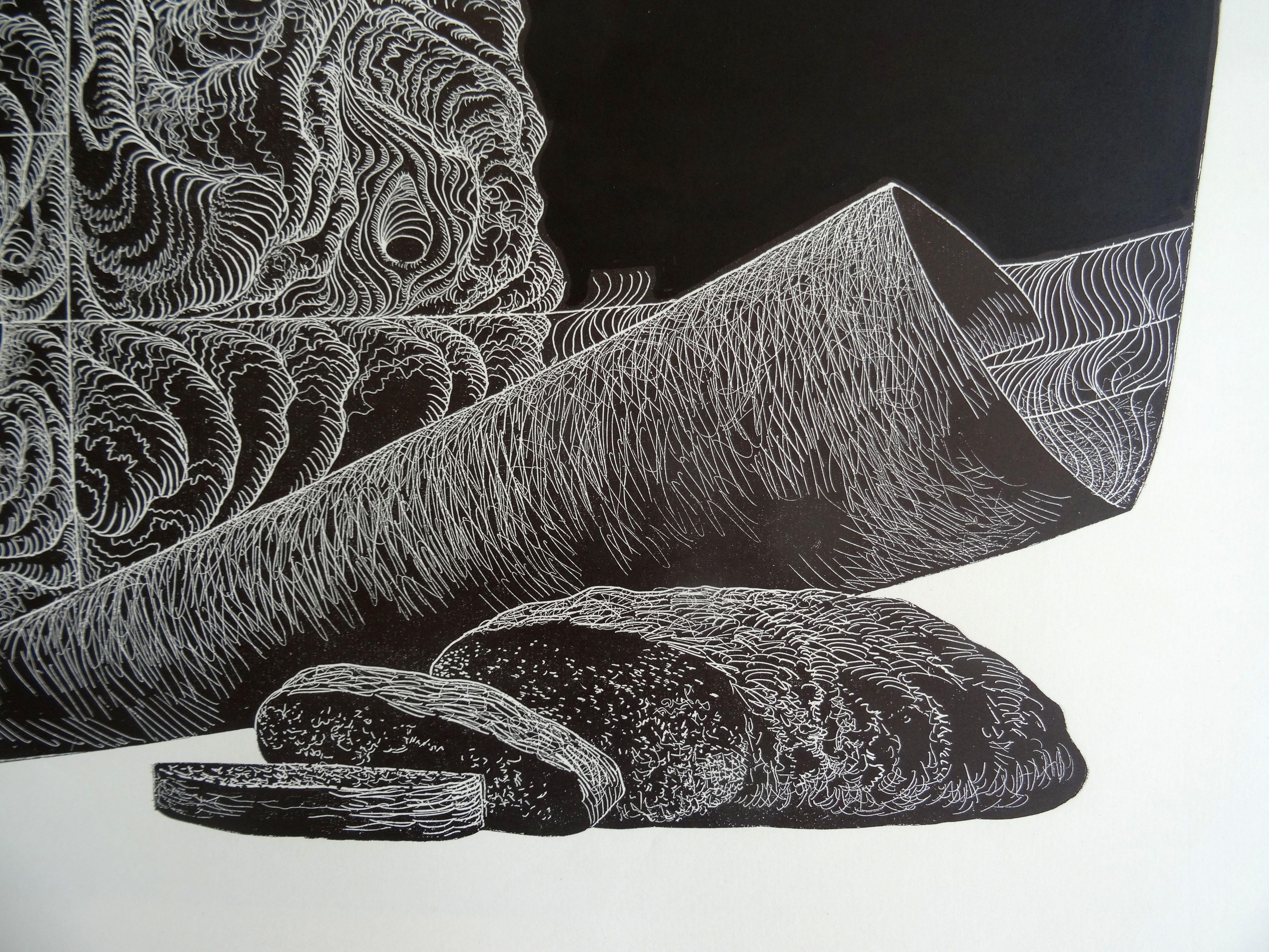 Bœuf Rye. 1980, papier, linogravure, taille de l'impression 50x65 cm ; total 65x73 cm - Noir Still-Life Print par Dainis Rozkalns
