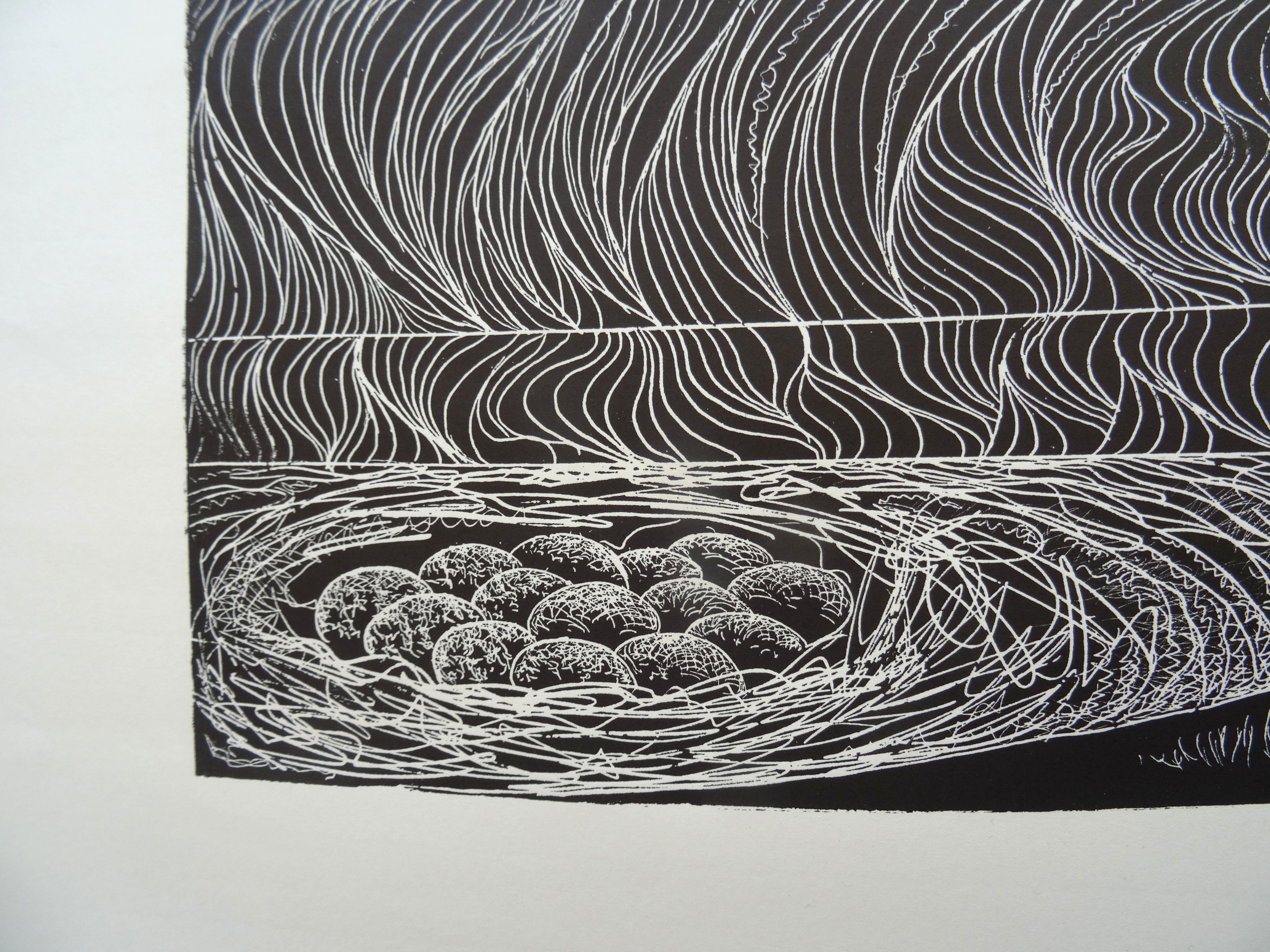 Rye spring. 1980, papier, linogravure, taille de l'impression 50x65 cm ; total 70x80 cm - Noir Animal Print par Dainis Rozkalns