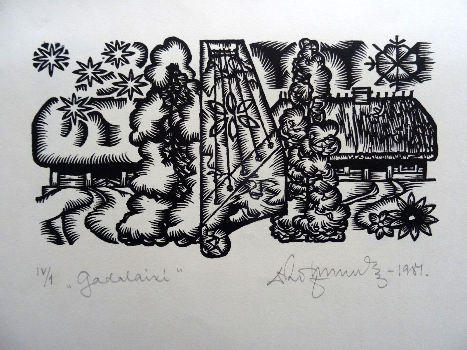 Dainis Rozkalns Landscape Print - Seasons. 1984. Paper, linocut, 25x34 cm