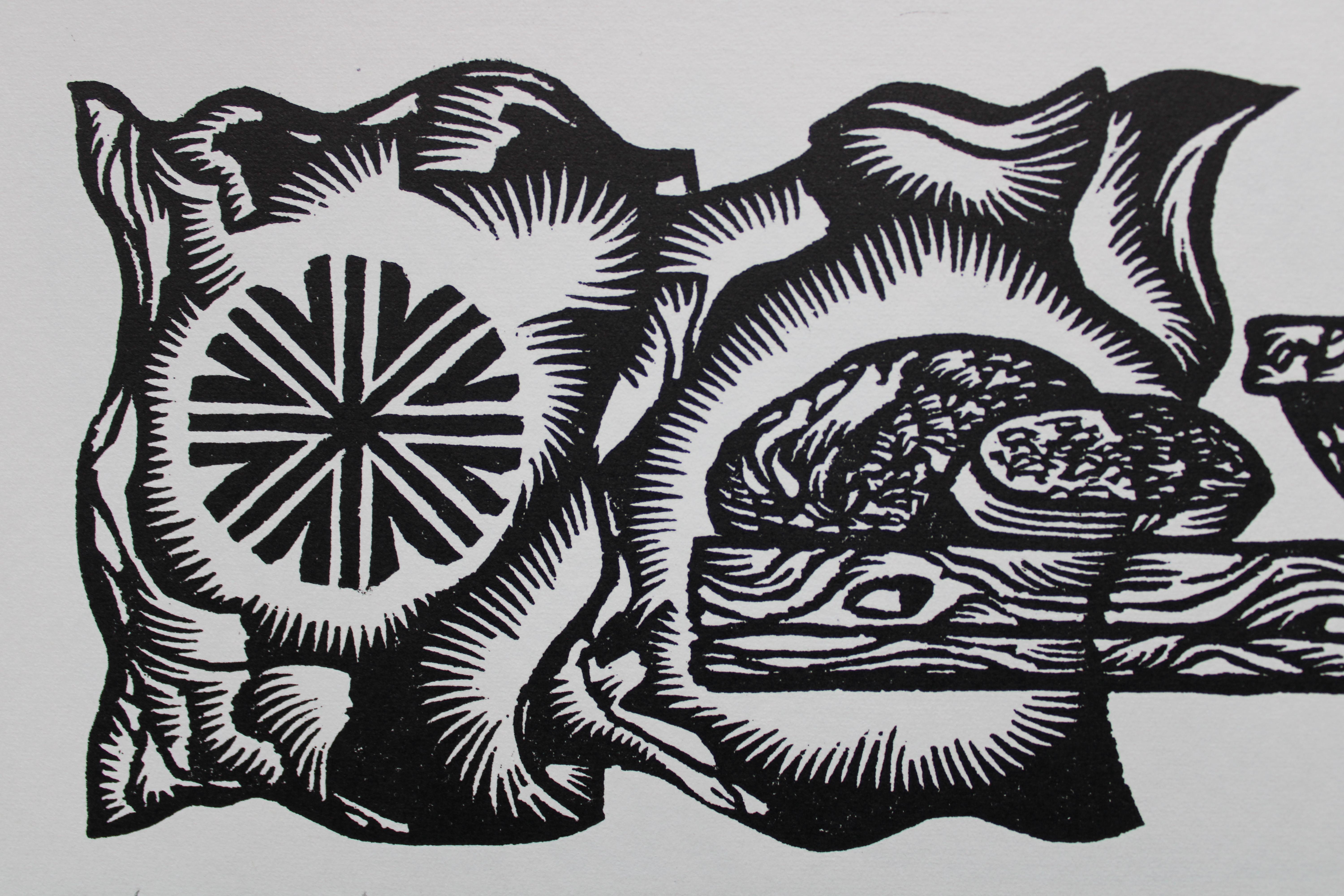 Servants. 1982. Paper, linocut, 20x34 cm - Folk Art Print by Dainis Rozkalns