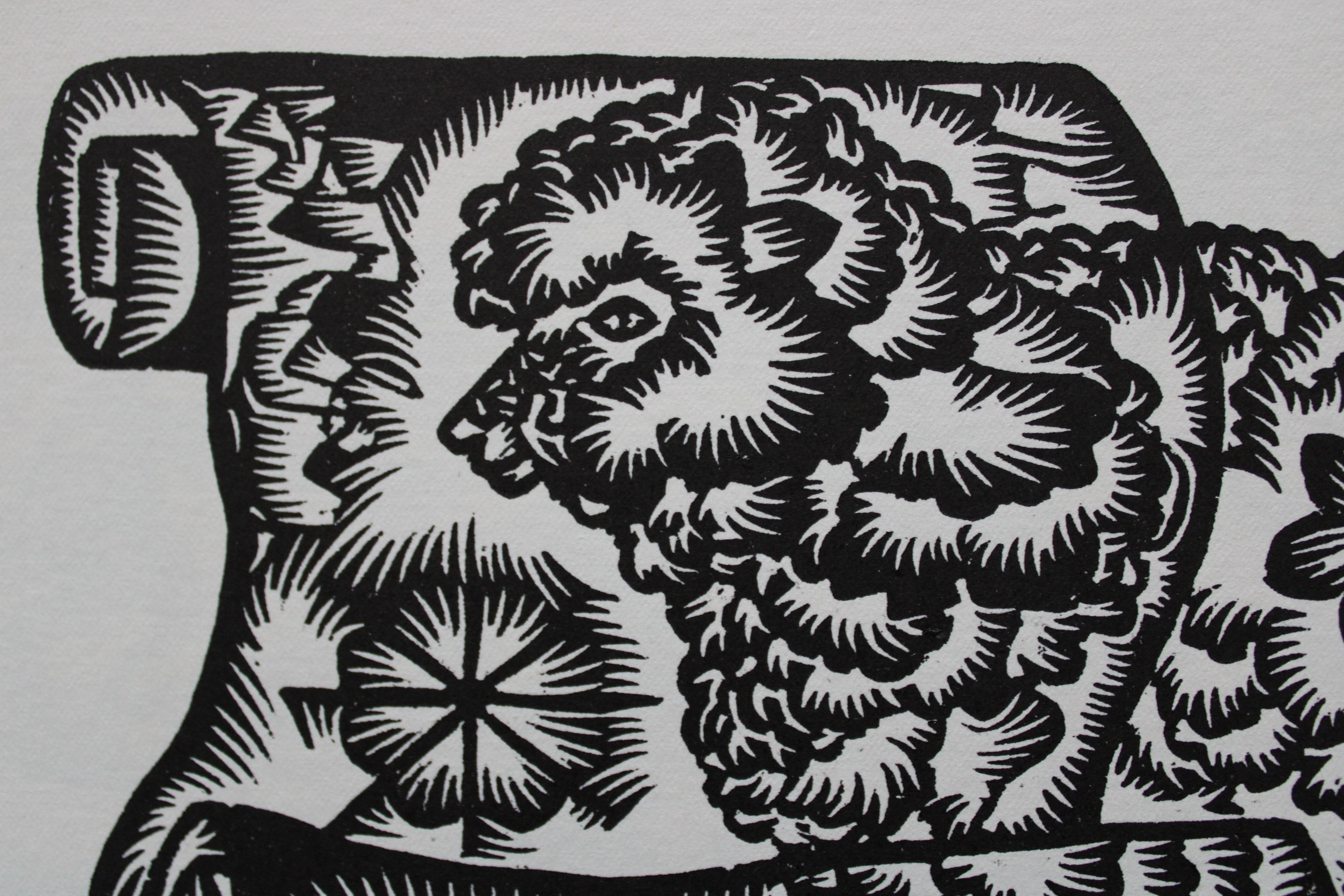 Shepherd's job. 1979. Paper, linocut, 25x34 cm - Gray Print by Dainis Rozkalns
