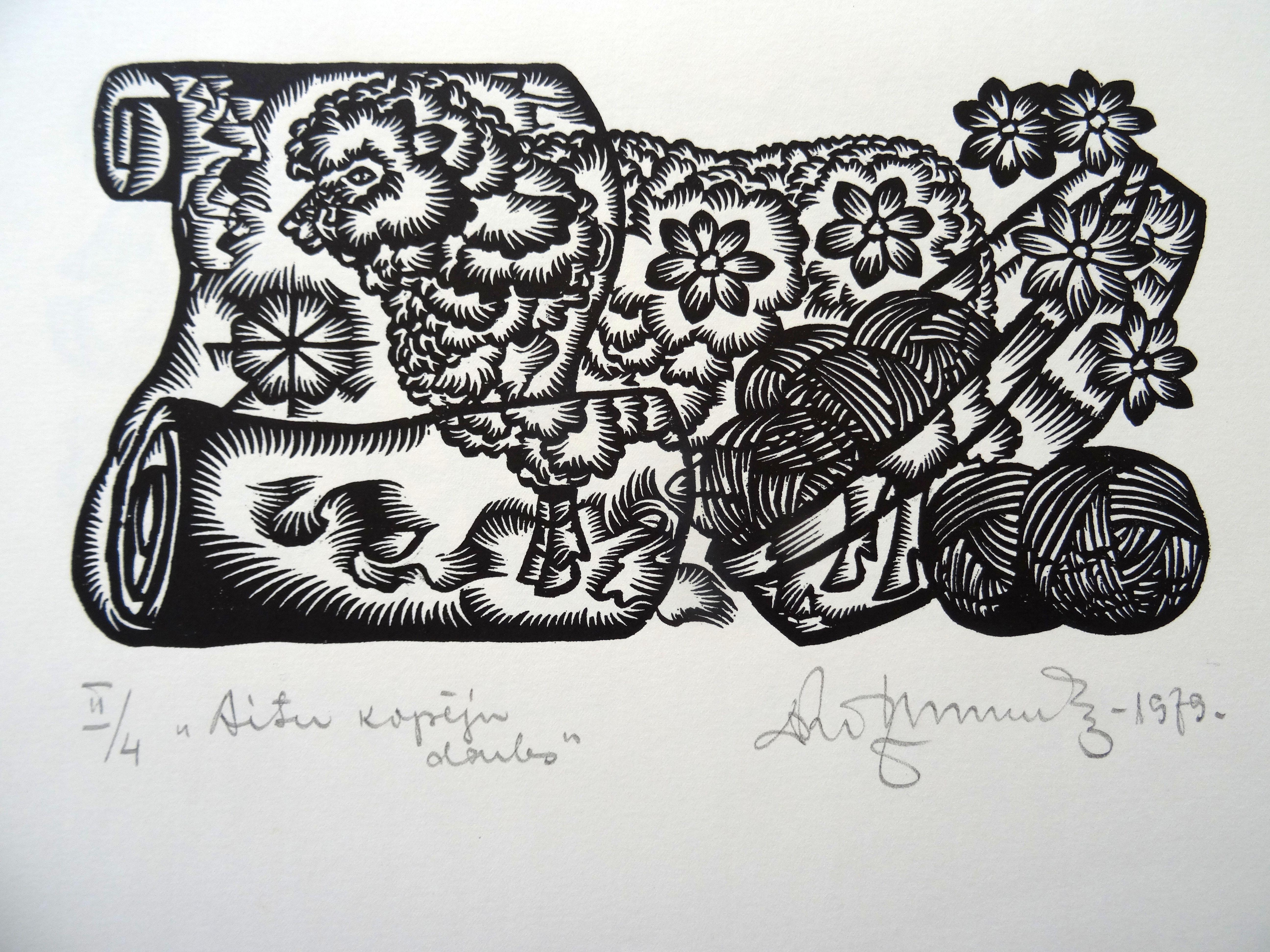 Dainis Rozkalns Print - Shepherd's job. 1979. Paper, linocut, 25x34 cm