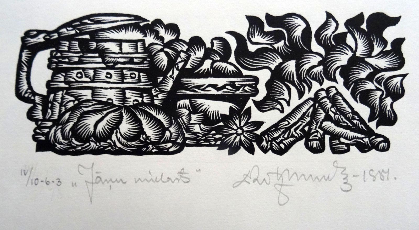 Dainis Rozkalns Print - Solstice feast. 1984. Paper, linocut, 20x34 cm