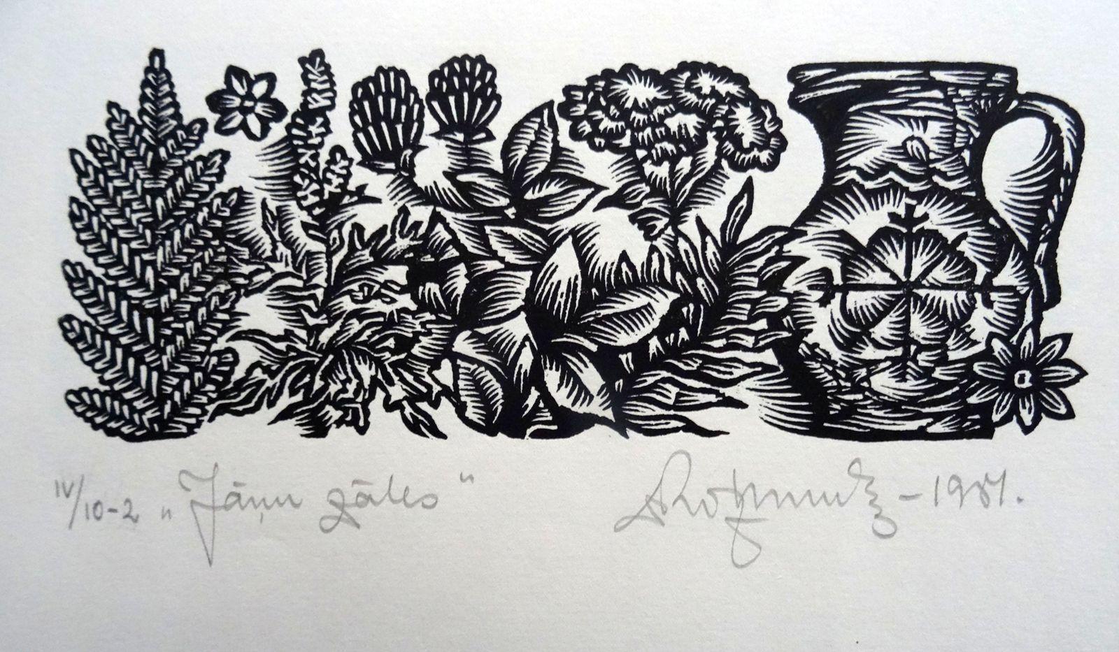 Dainis Rozkalns Print - Solstice flowers. 1984. Paper, linocut, 20x34 cm