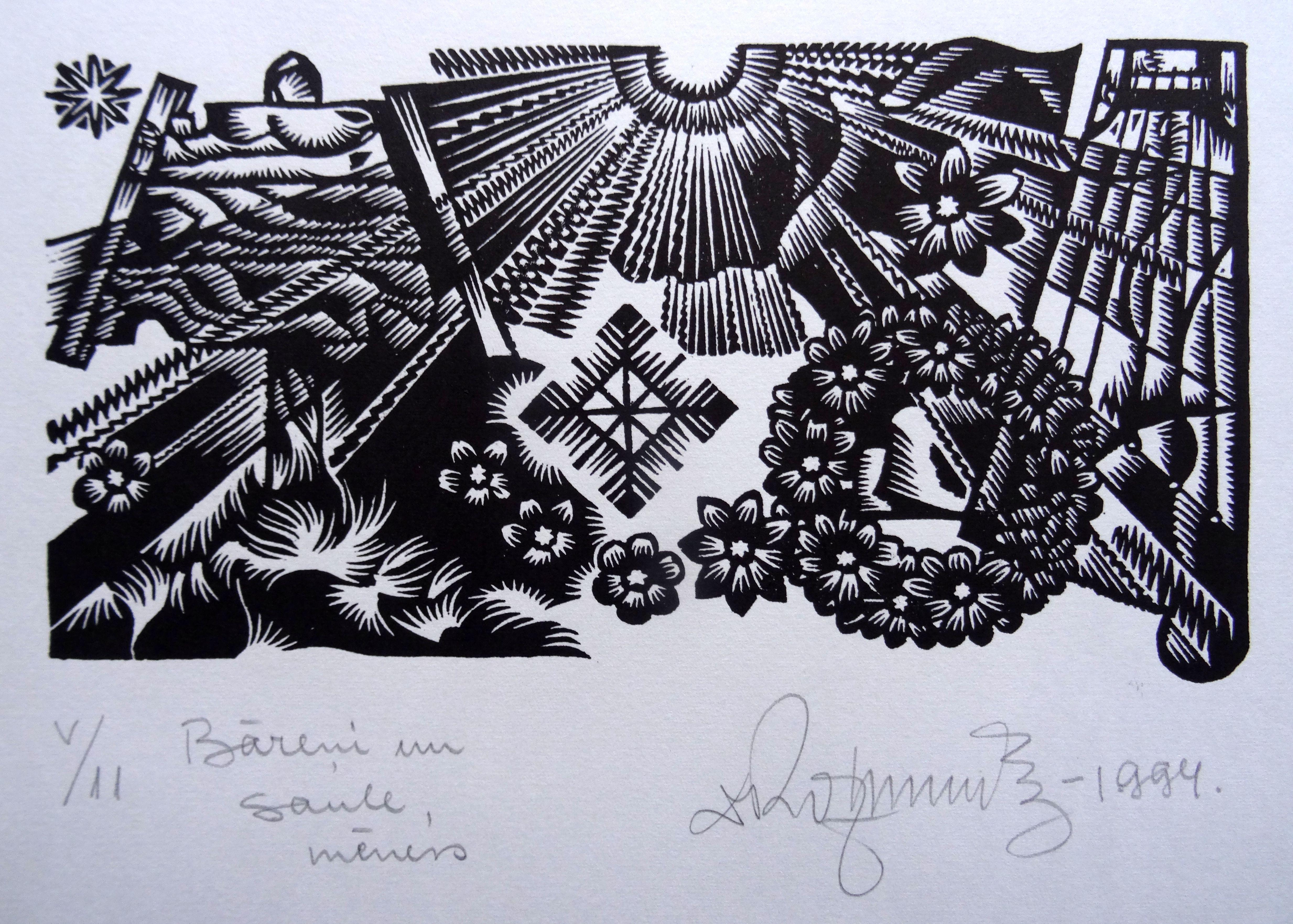 Dainis Rozkalns Print - Sun and moon. 1994. Paper, linocut, 25x33 cm