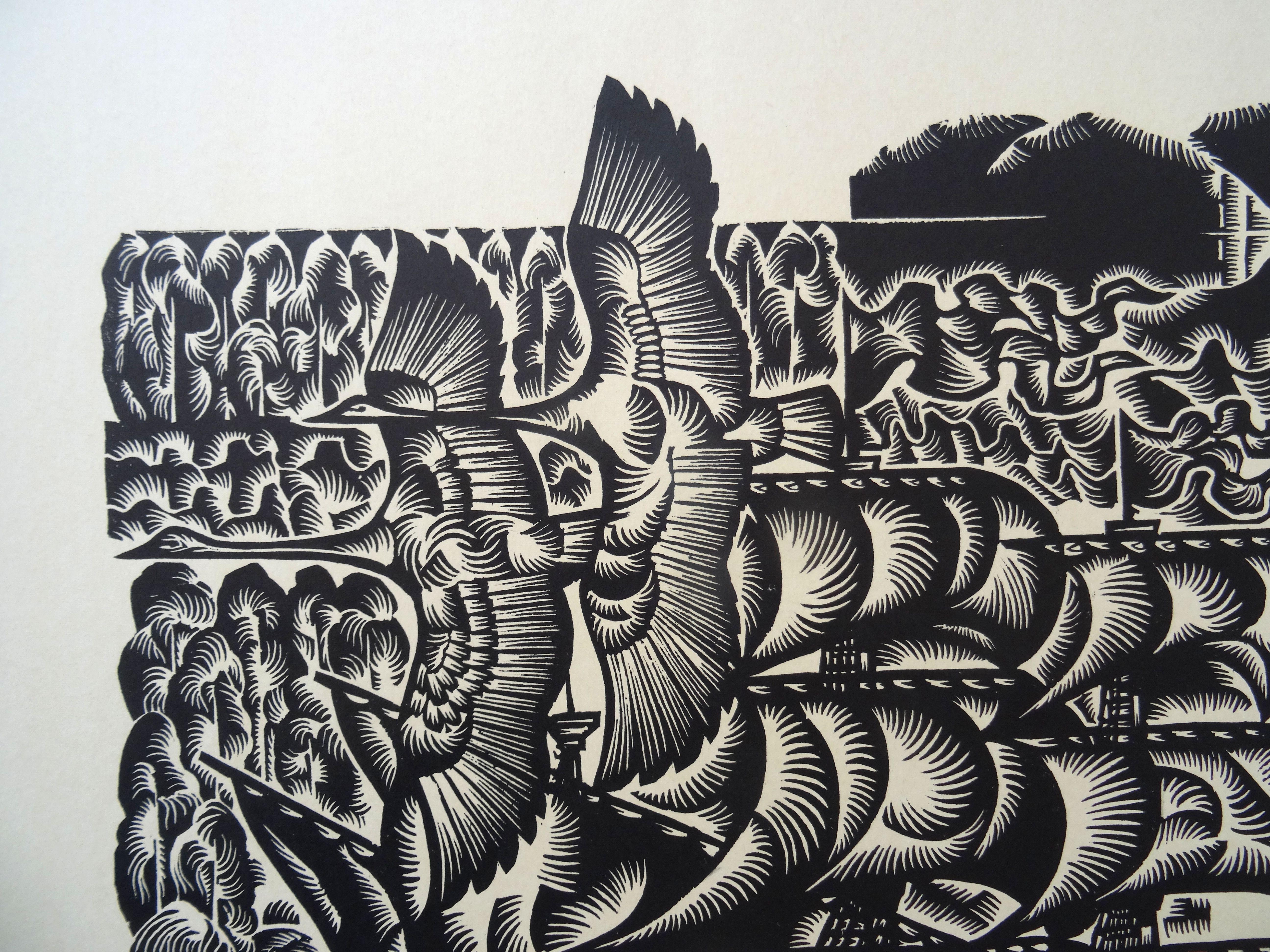 Swans. 1976., Papier, Linolschnitt, 80x65 cm (Geometrische Abstraktion), Print, von Dainis Rozkalns