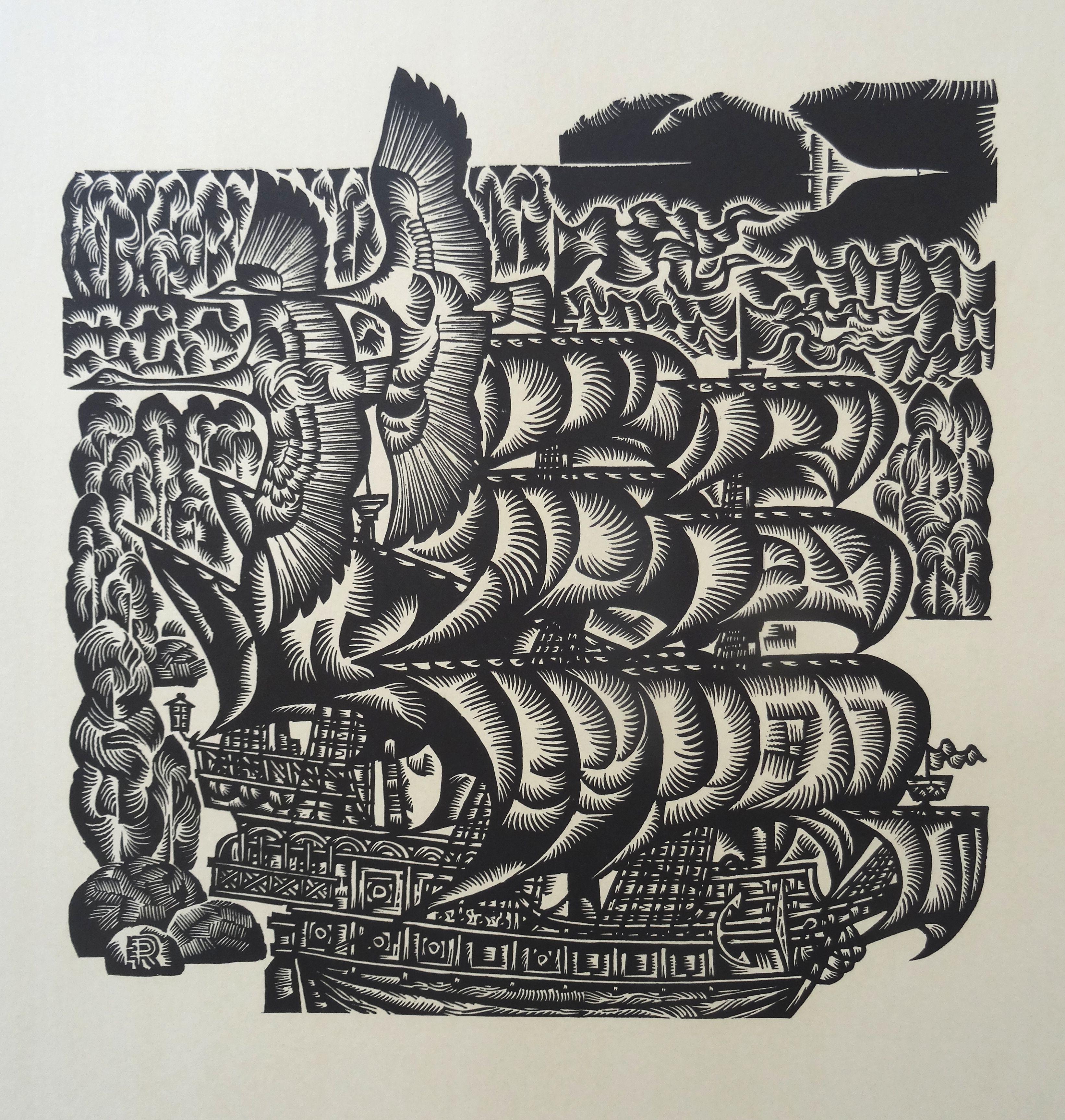 Dainis Rozkalns Figurative Print - Swans. 1976., Paper, linocut, 80x65 cm