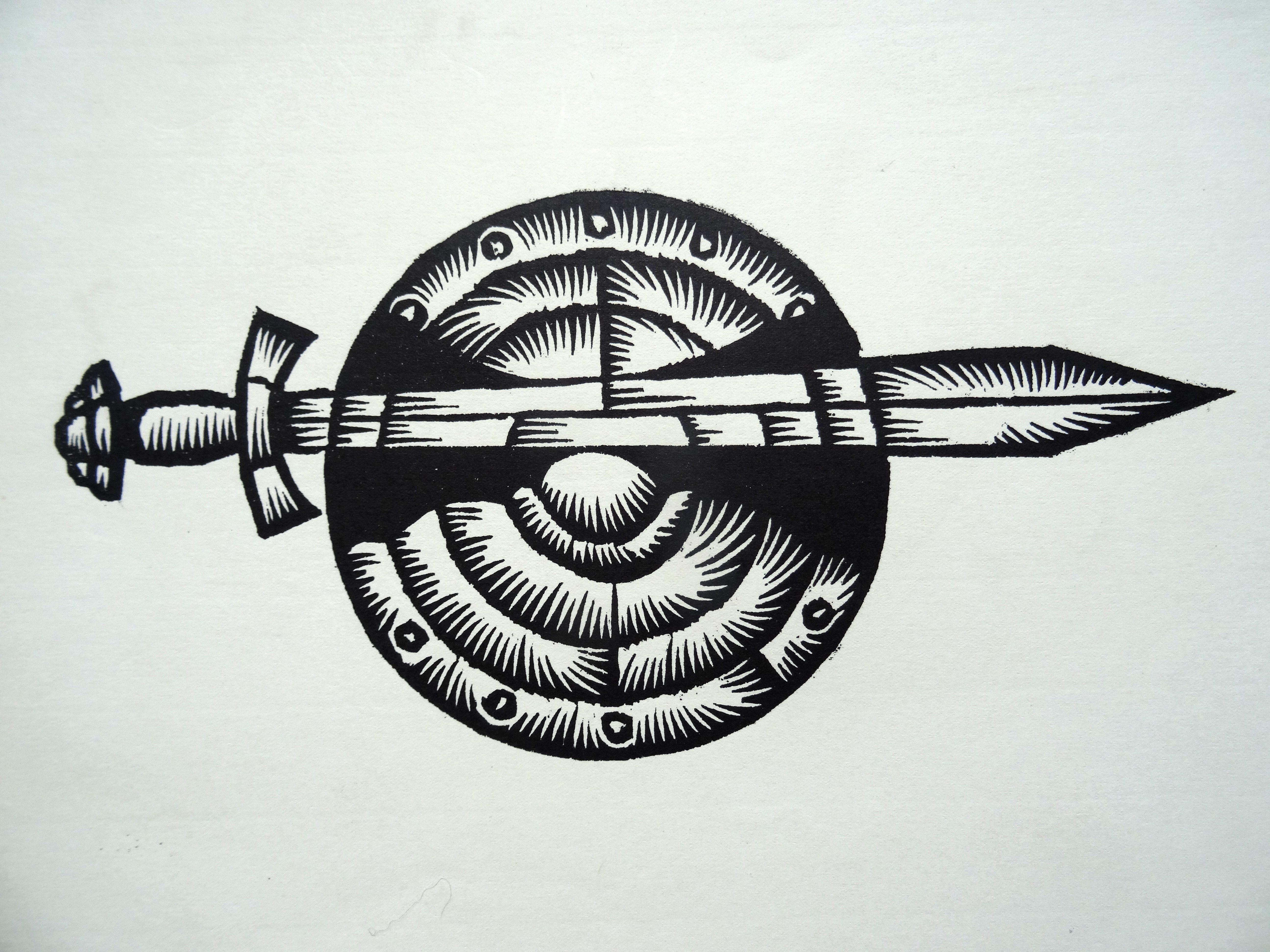 Dainis Rozkalns Figurative Print - Sword and a shield. Paper, linocut, 24x31 cm