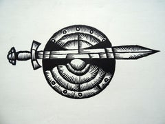 Sword and a shield. Paper, linocut, 24x31 cm