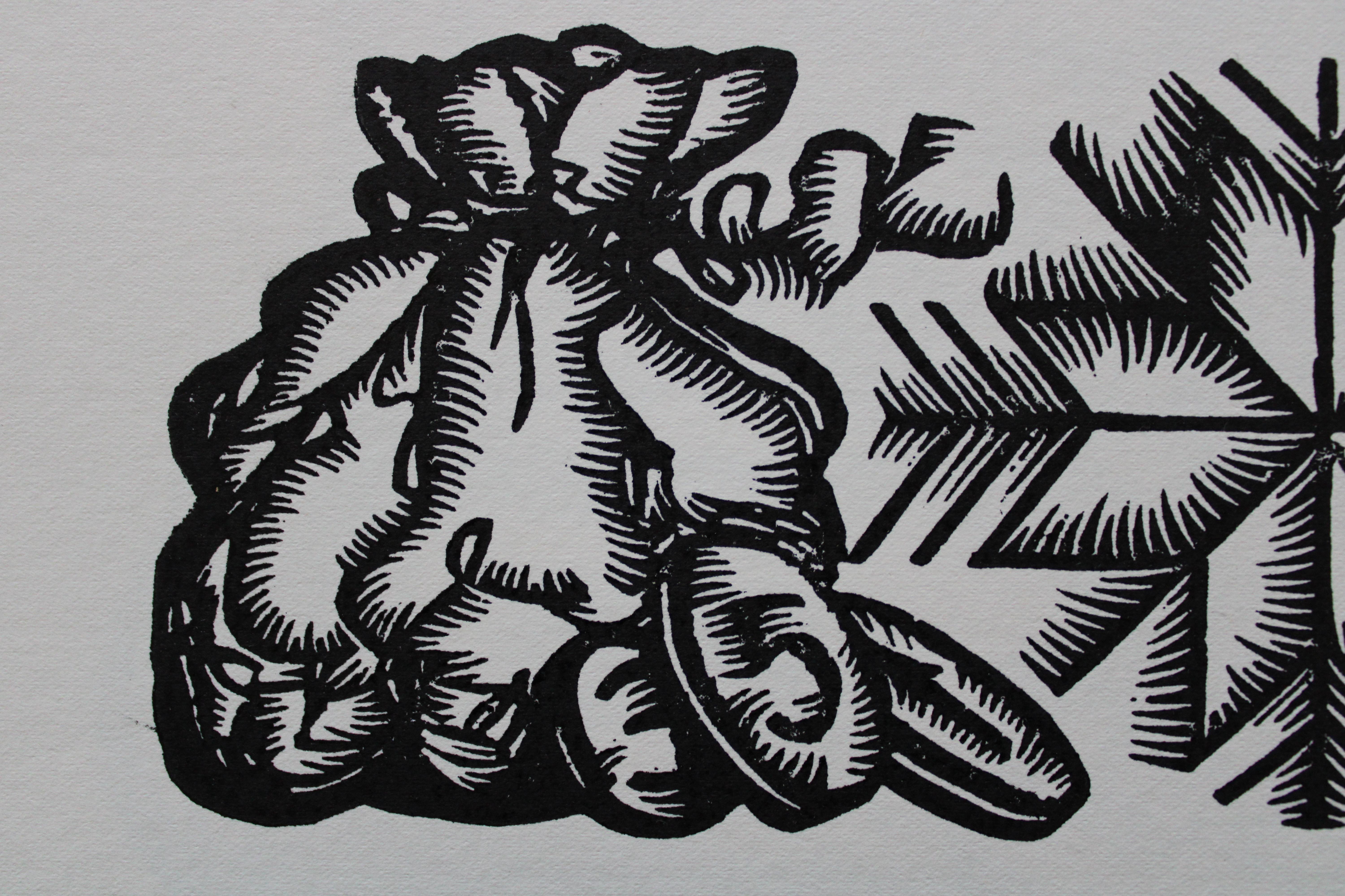 La compravendita del puledro. 1979. Carta, linoleografia, 19x33 cm - Print di Dainis Rozkalns