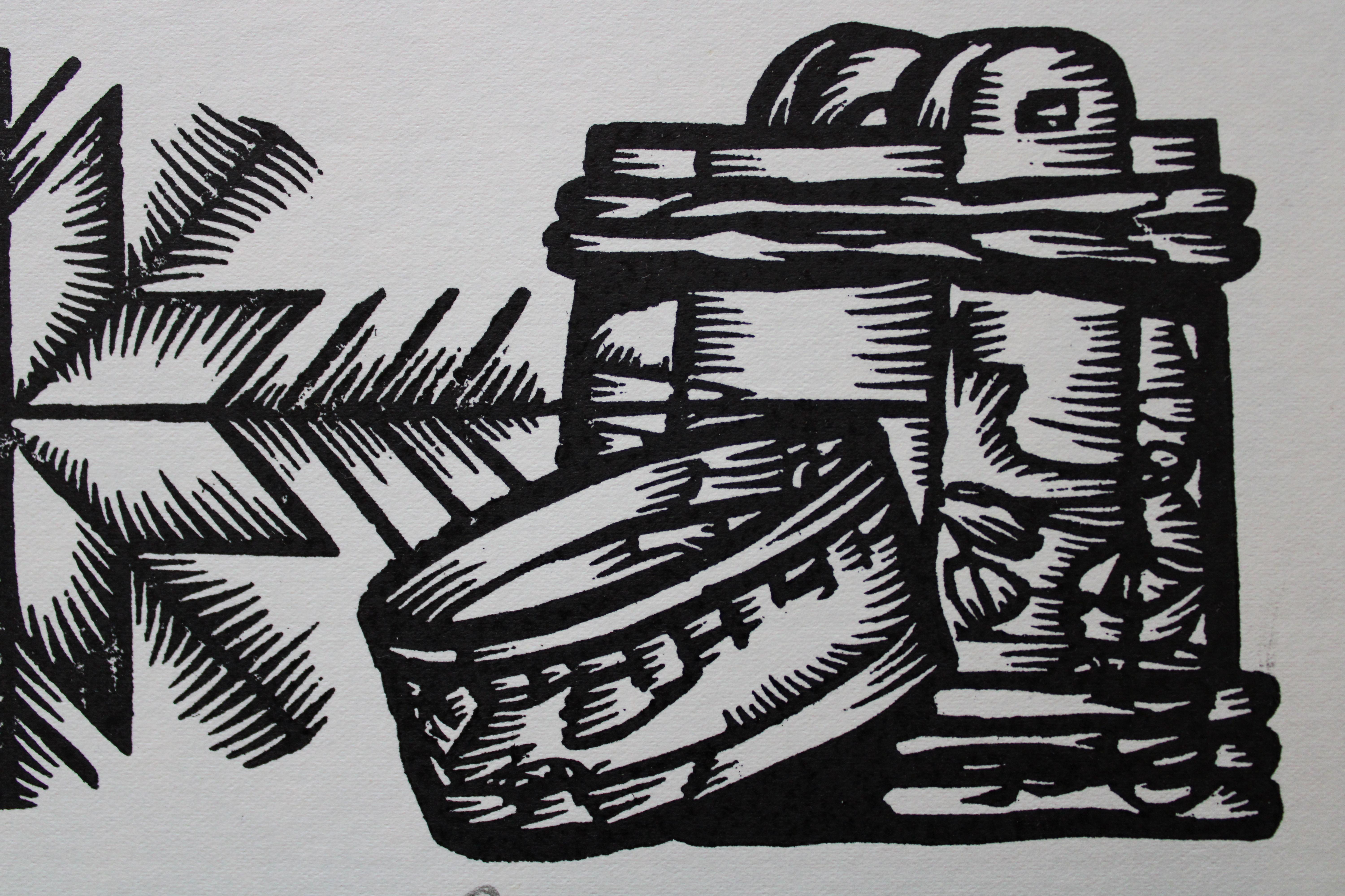 La compravendita del puledro. 1979. Carta, linoleografia, 19x33 cm - Still-Life Print Grigio di Dainis Rozkalns