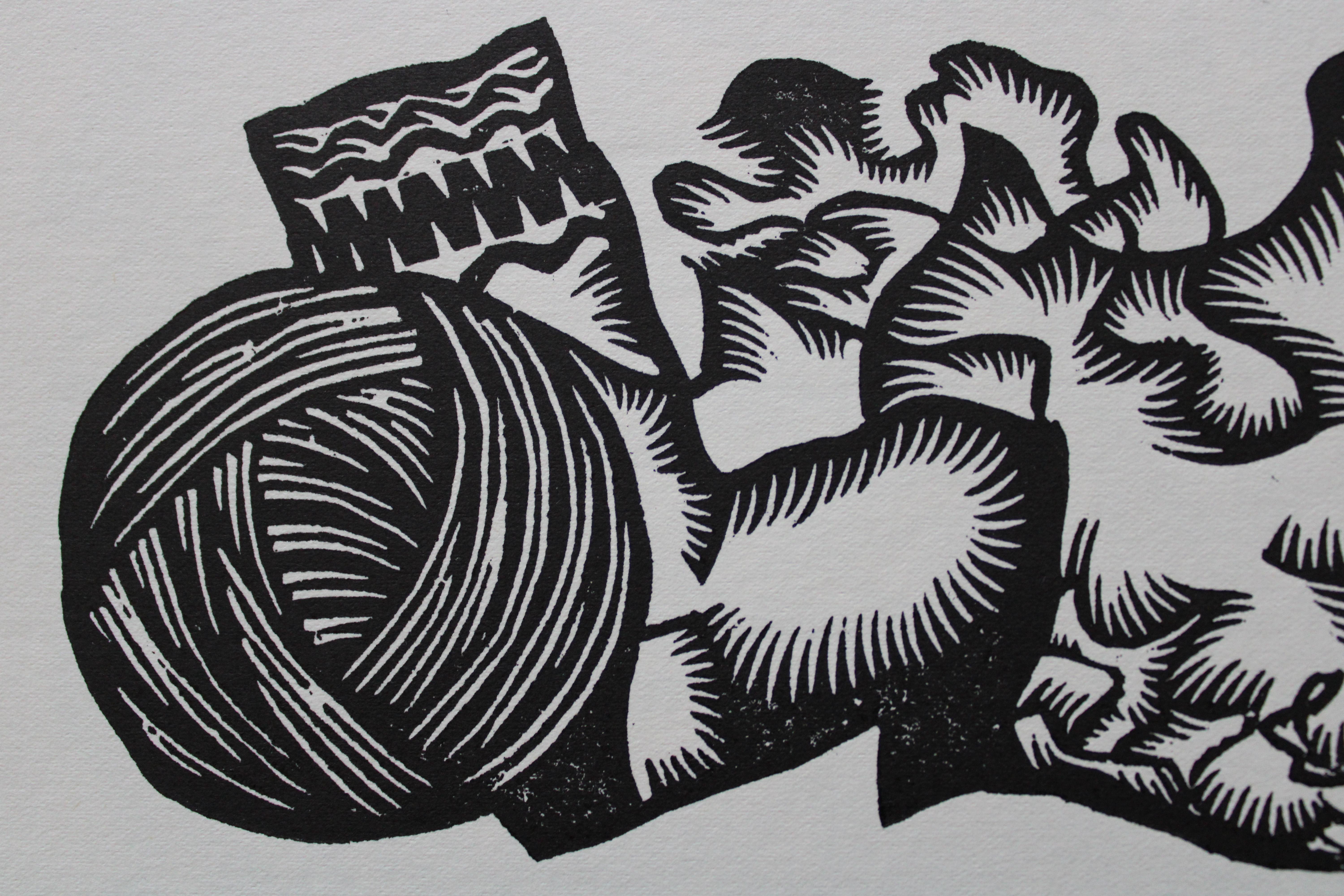 The diligent and the lazy herdsman. 1979. Paper, linocut, 19x33 cm - Print by Dainis Rozkalns
