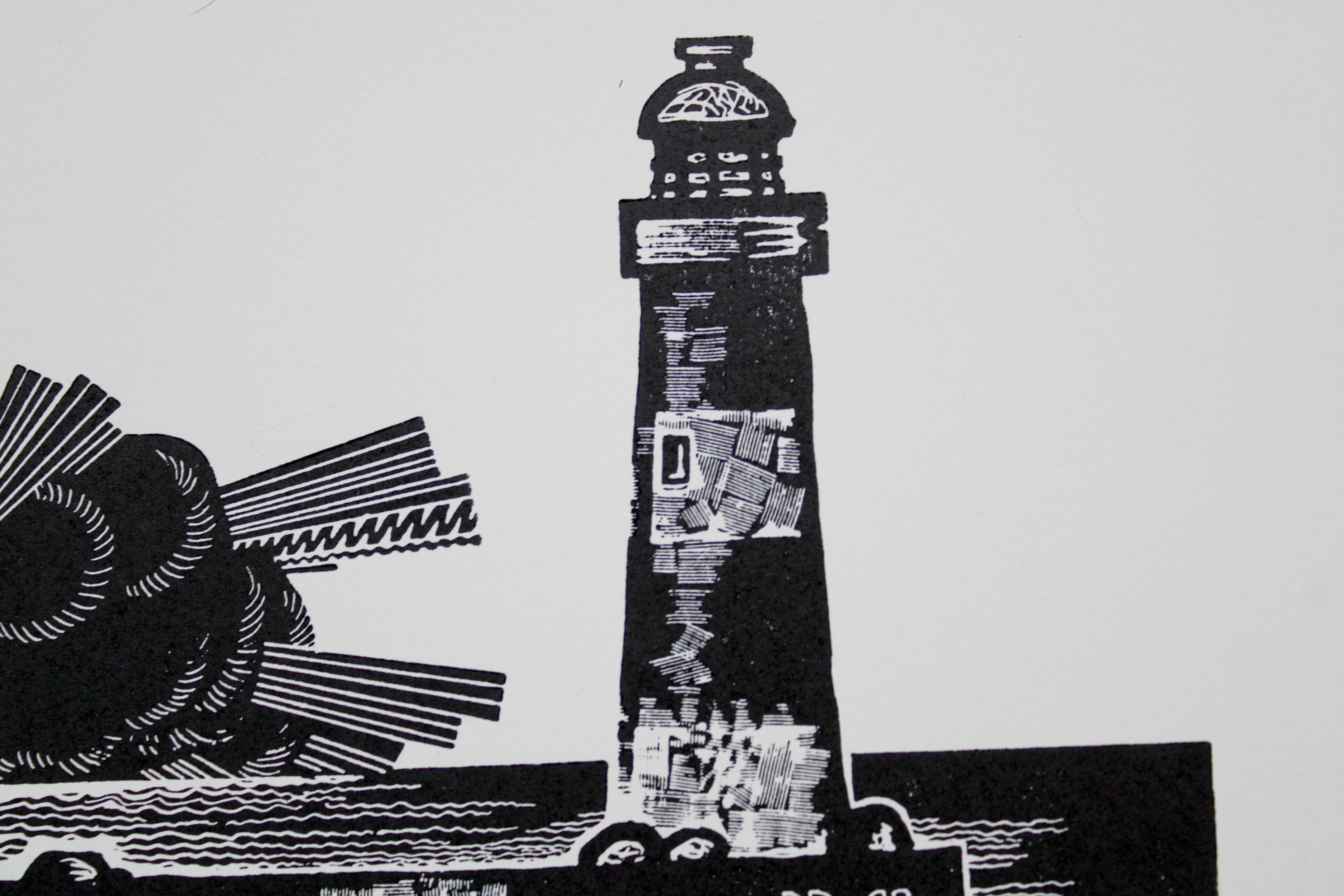 Der Leuchtturm. Papier, Linolschnitt, 21x27,5 cm (Volkskunst), Print, von Dainis Rozkalns