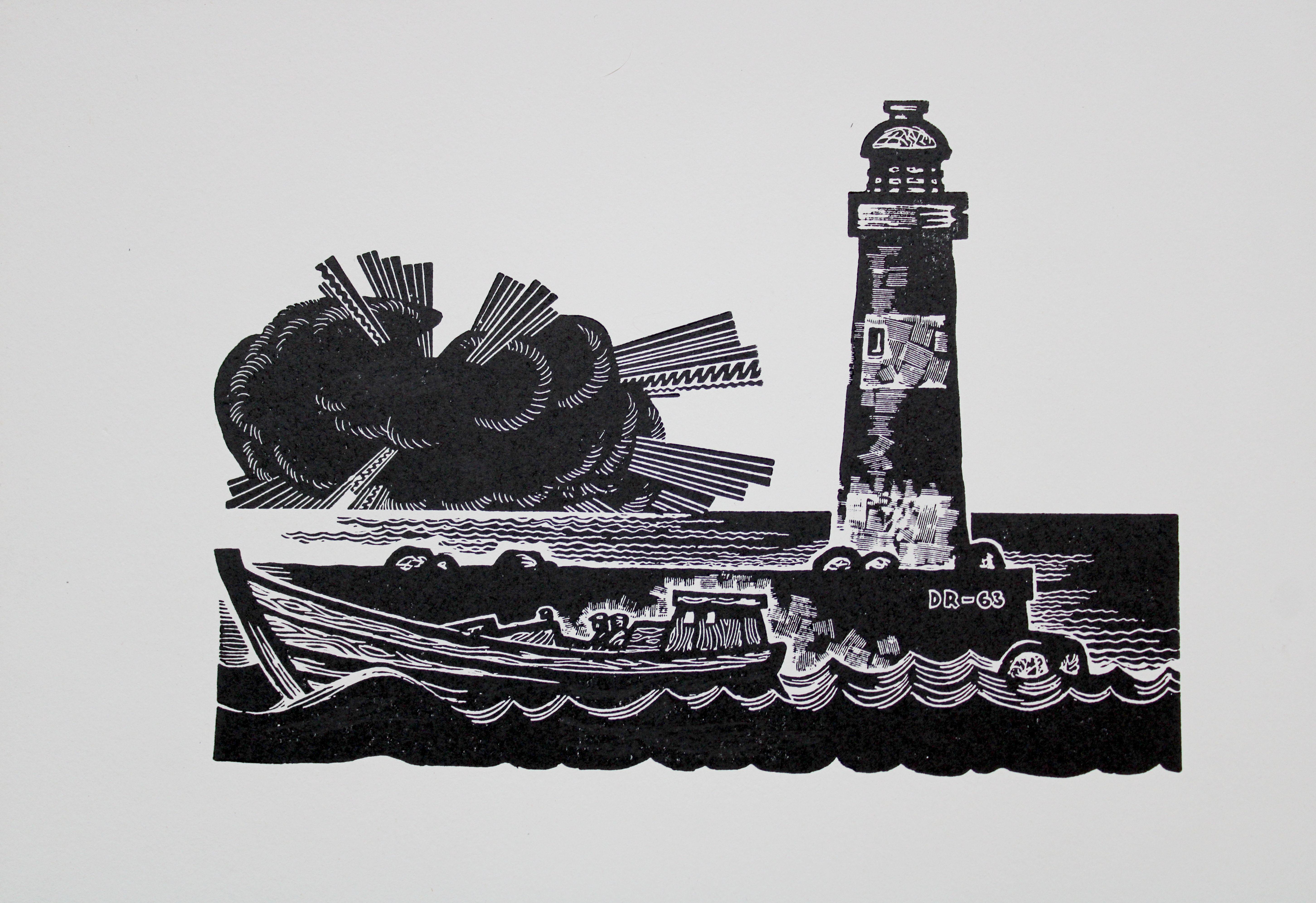 Dainis Rozkalns Print – Der Leuchtturm. Papier, Linolschnitt, 21x27,5 cm