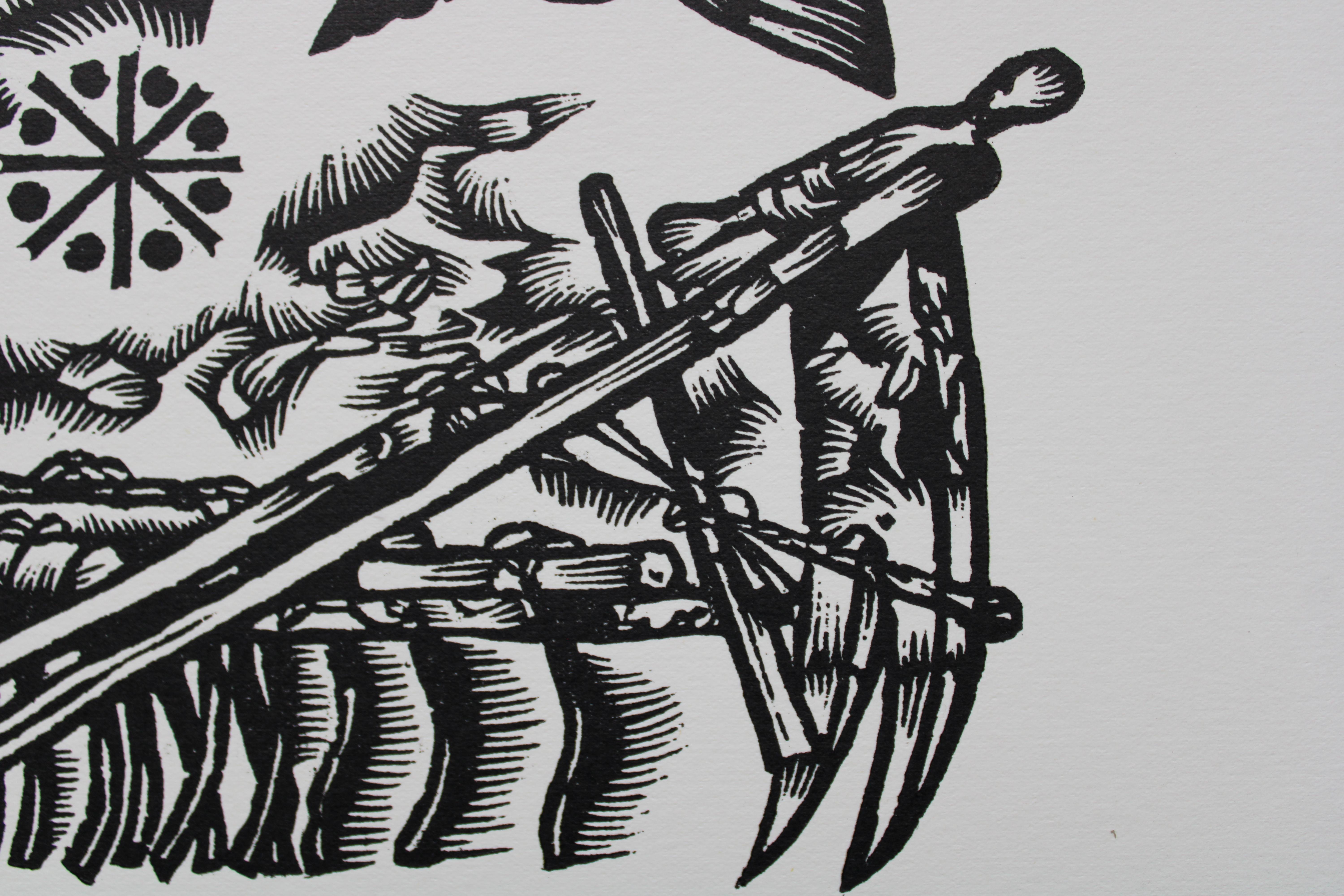 Der armer Mann. 1982. Papier, Linolschnitt, 25x34 cm (Grau), Landscape Print, von Dainis Rozkalns
