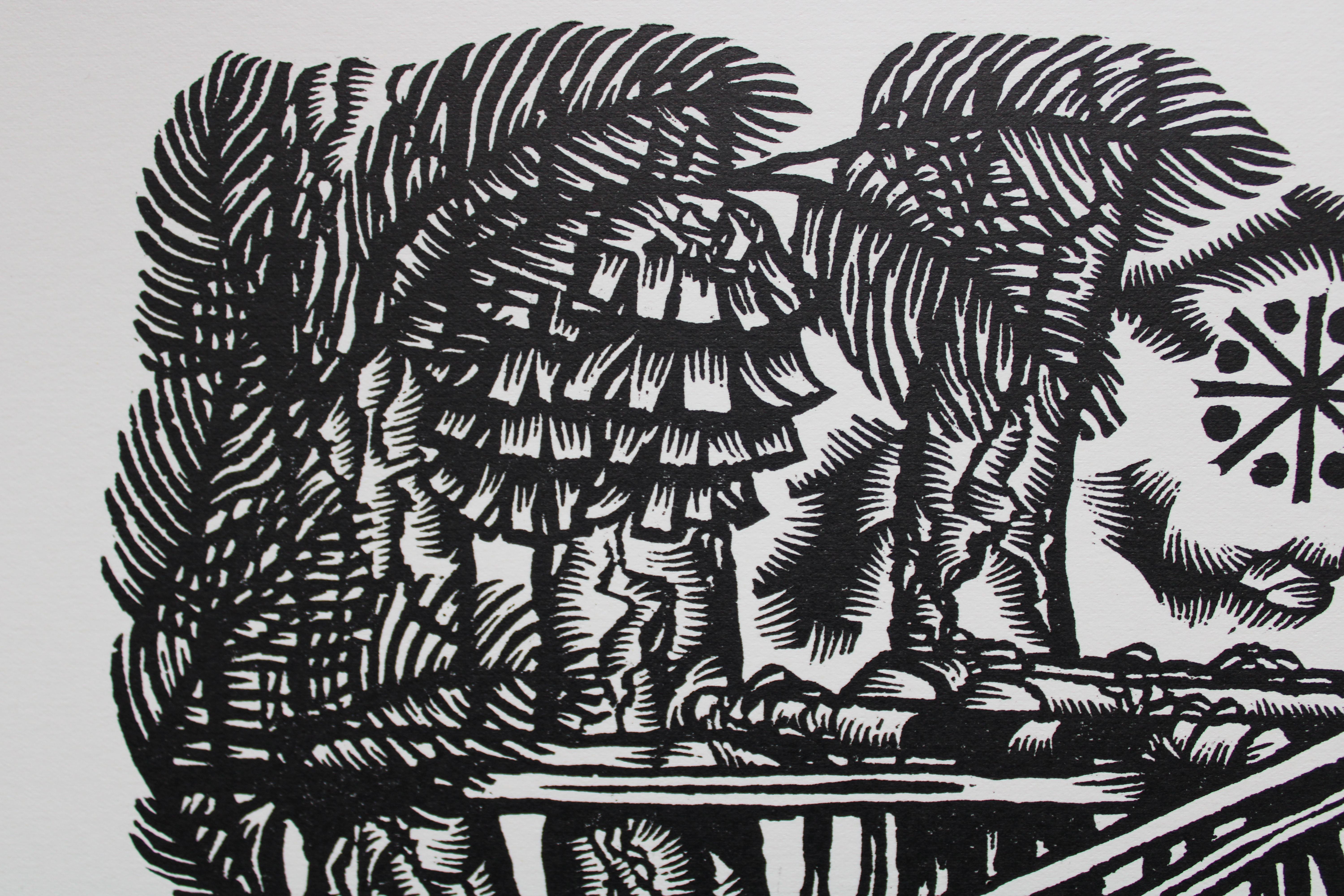 The poor man. 1982. Paper, linocut, 25x34 cm - Gray Landscape Print by Dainis Rozkalns
