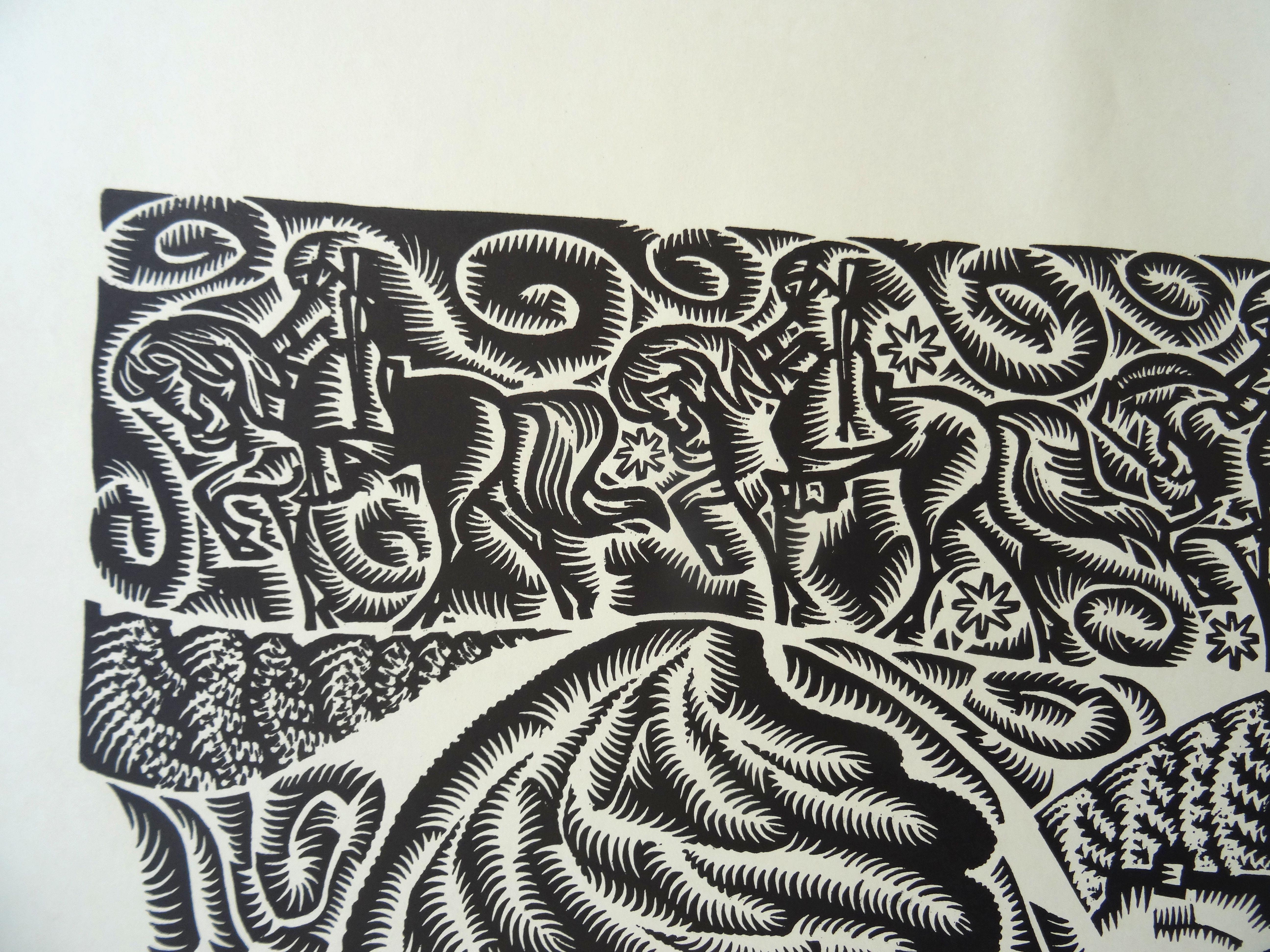 The snow was blowing. 1973, Paper, linocut, print size 45x50 cm; total 60x58 cm - Gray Animal Print by Dainis Rozkalns