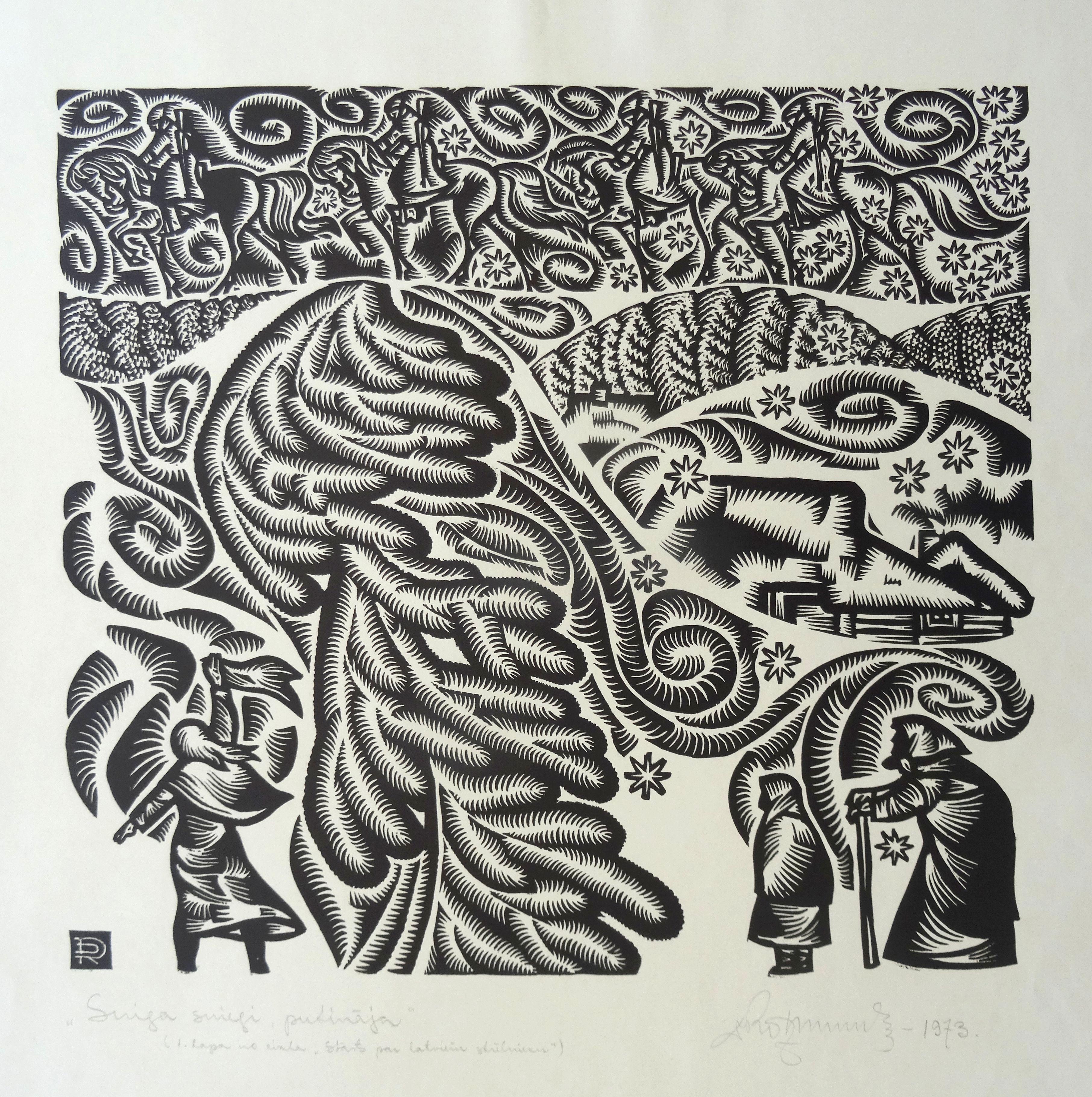 Dainis Rozkalns Animal Print - The snow was blowing. 1973, Paper, linocut, print size 45x50 cm; total 60x58 cm