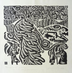 Retro The snow was blowing. 1973, Paper, linocut, print size 45x50 cm; total 60x58 cm