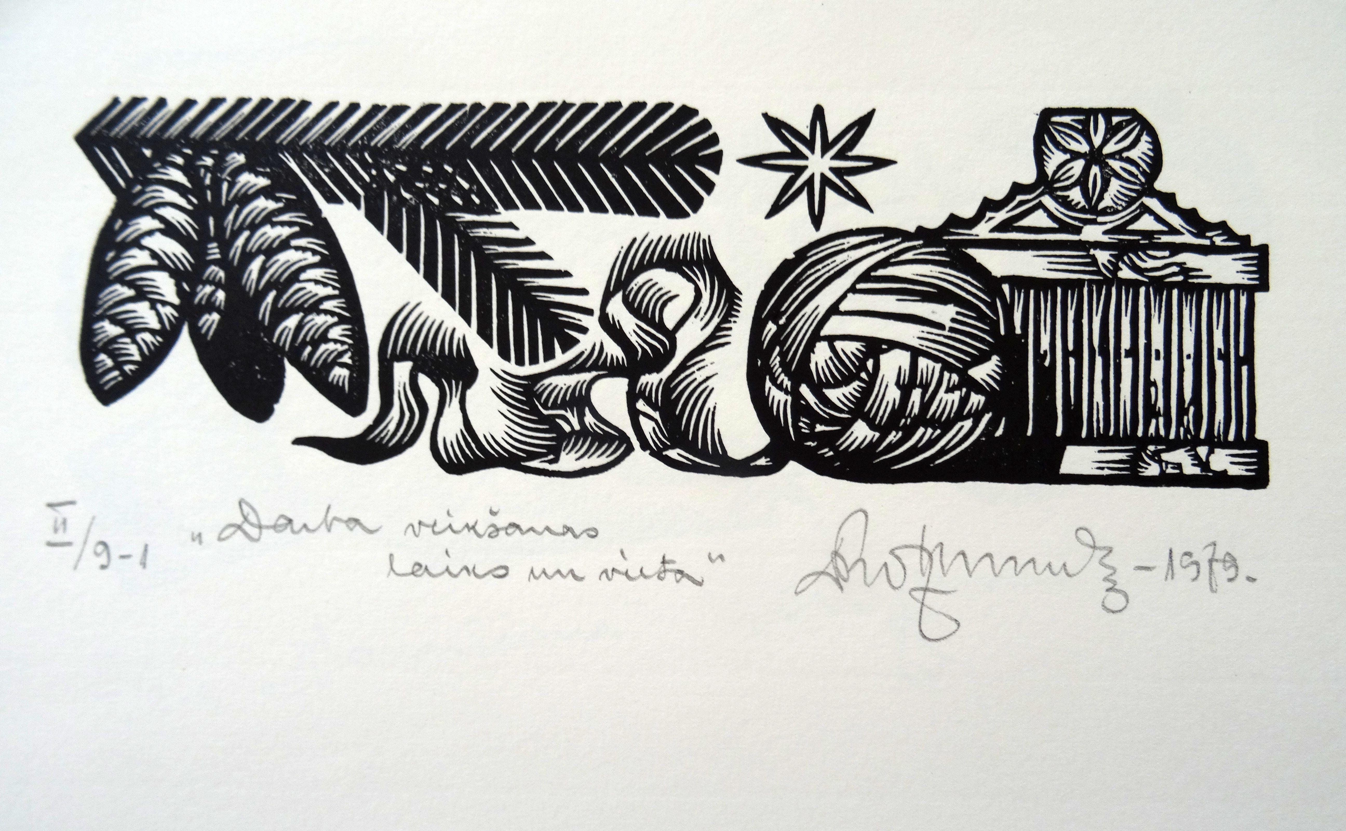 The time and place for work. 1979. Paper, linocut, 19x33, 5 cm