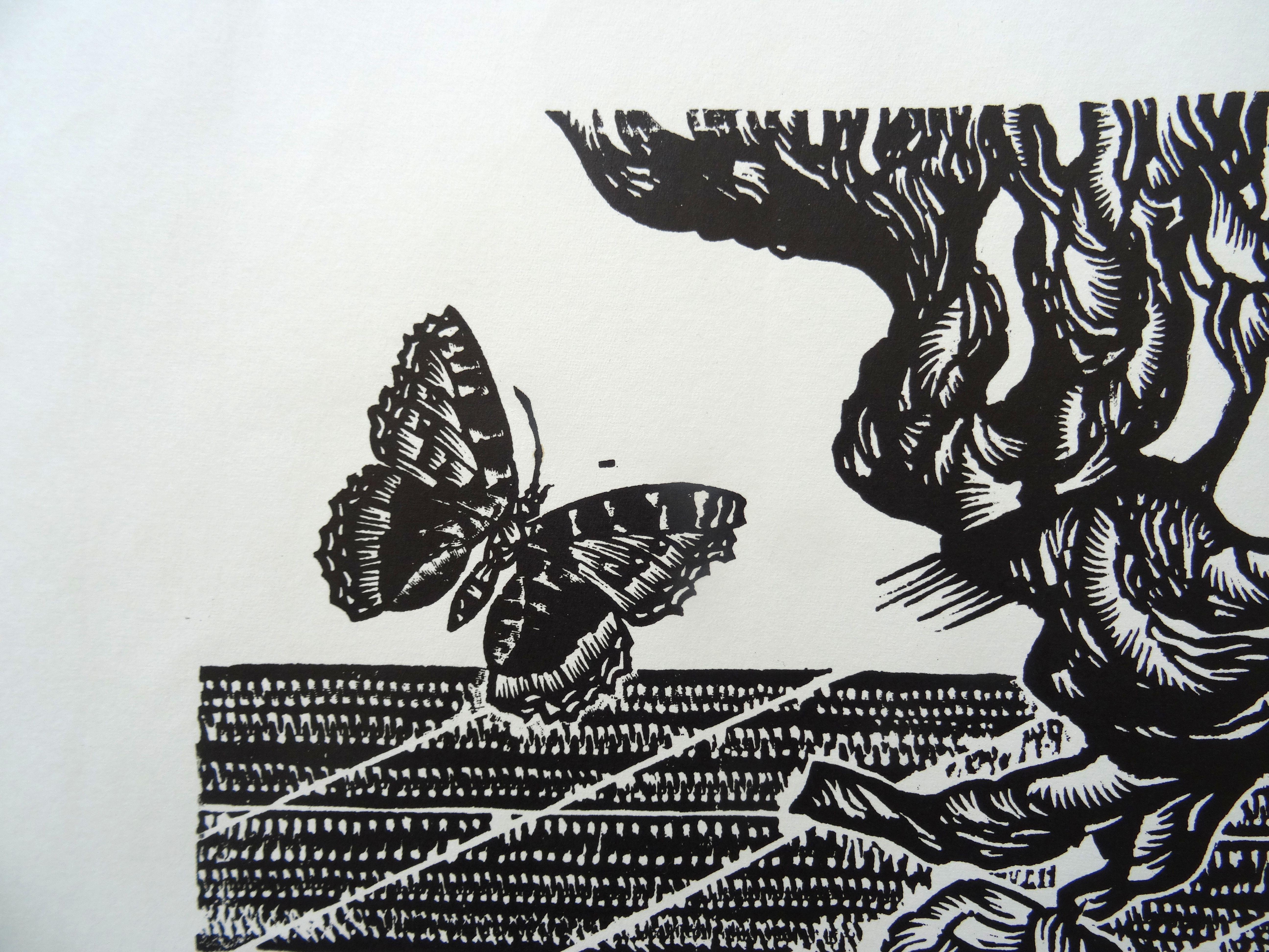 Tree of life. 1982, Paper, linocut, print size 50x56 cm; total 60x65 cm - Print by Dainis Rozkalns