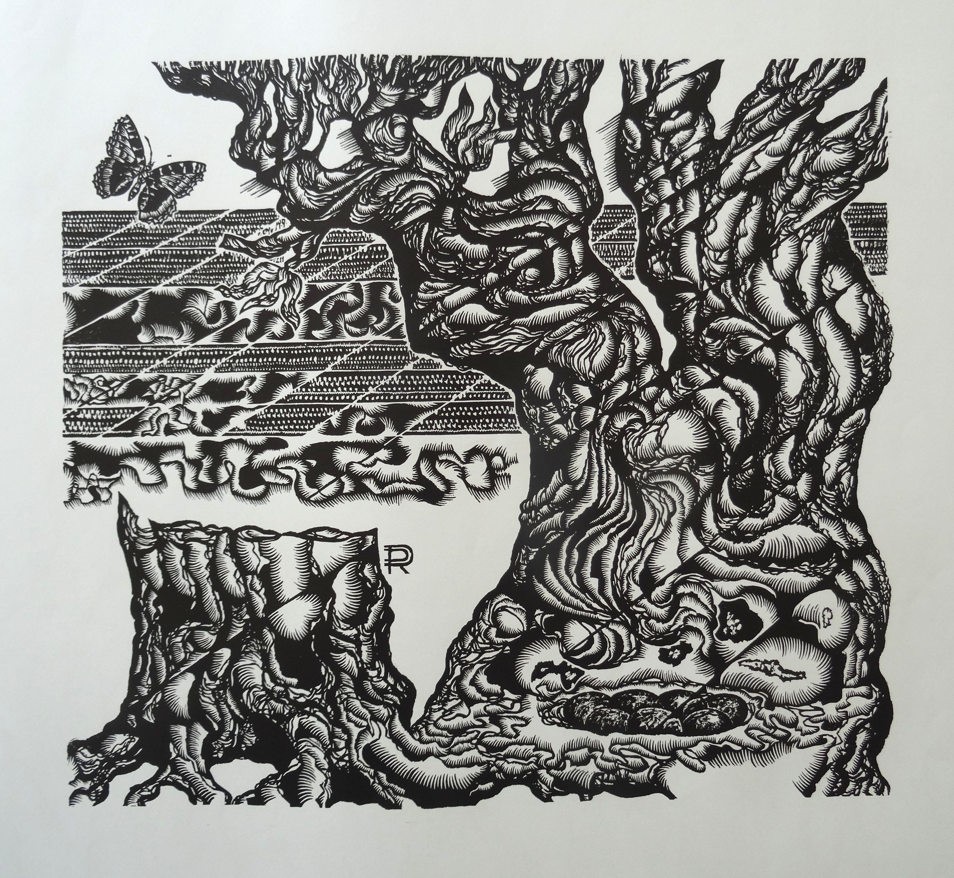 Dainis Rozkalns Landscape Print - Tree of life. 1982, Paper, linocut, print size 50x56 cm; total 60x65 cm