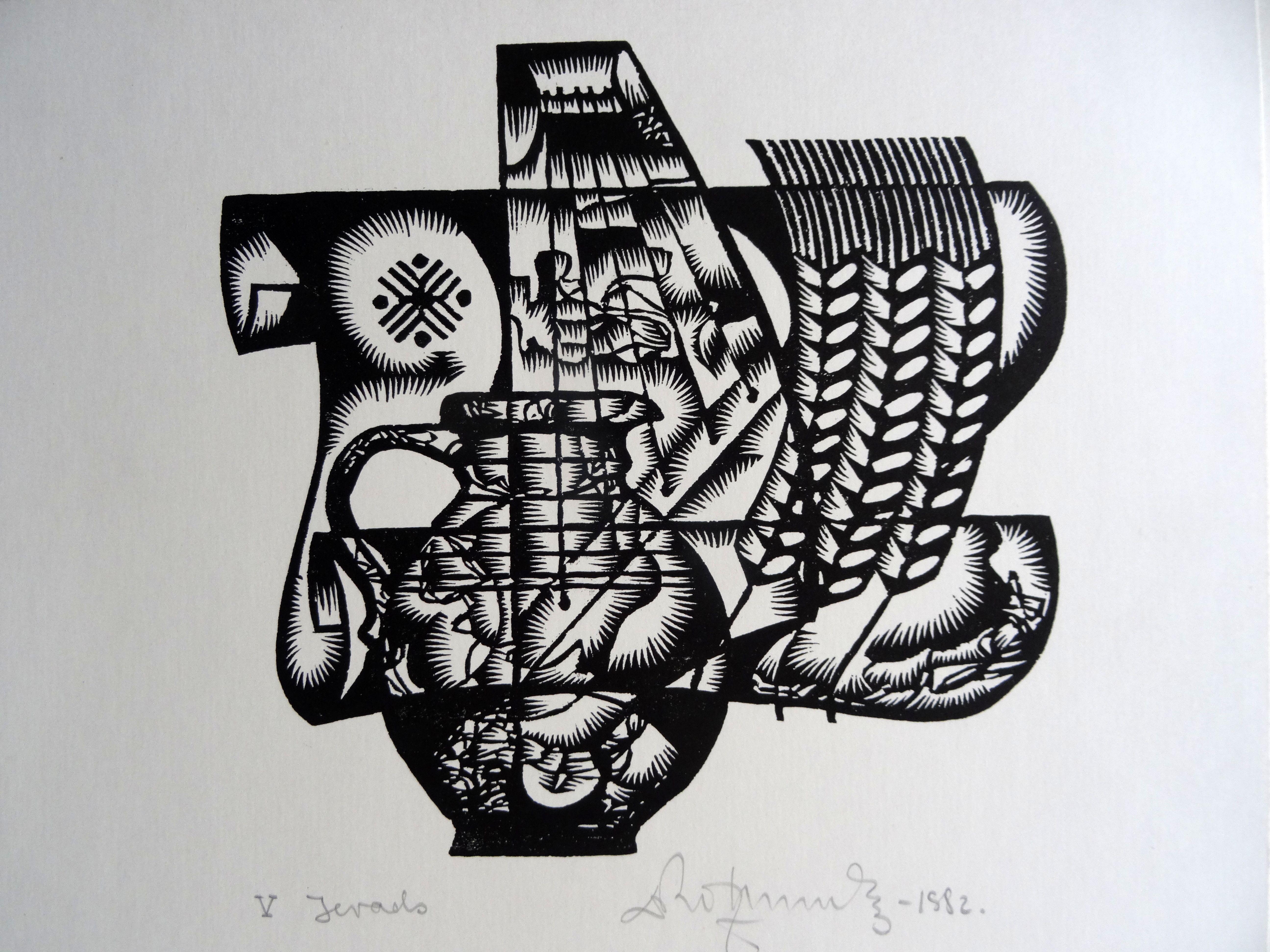 Dainis Rozkalns Print - V Intro. 1982. Paper, linocut, 25x31 cm