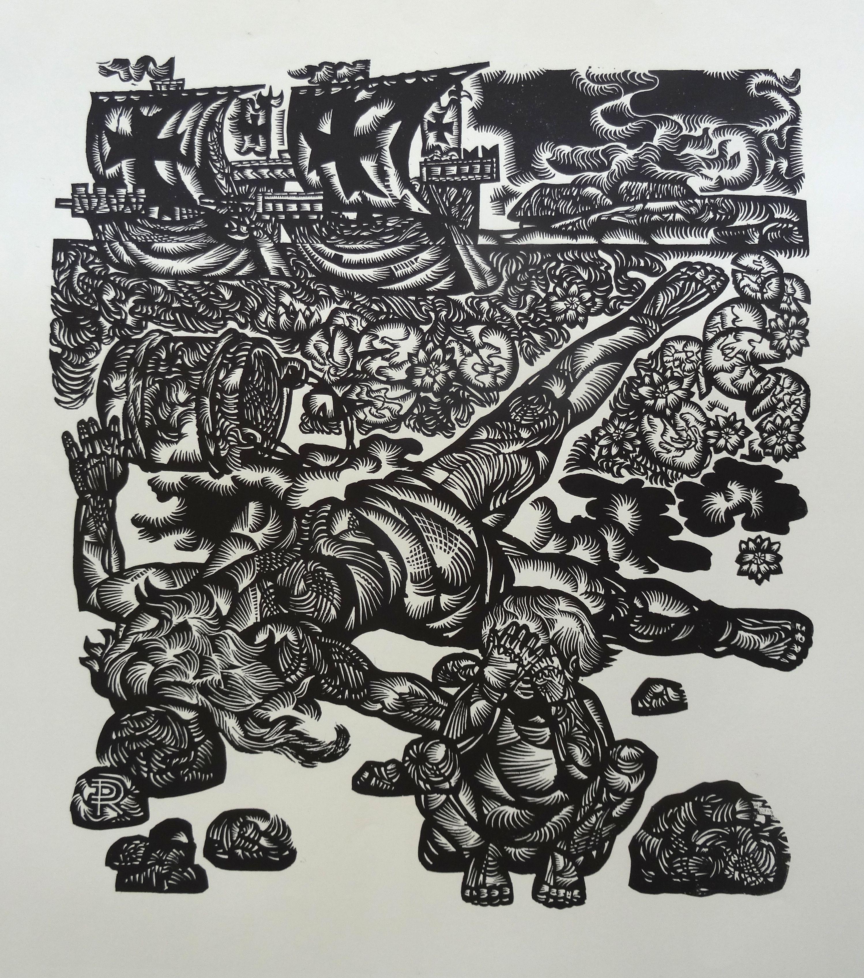 Dainis Rozkalns Figurative Print - With fire and sword. 1977, Paper, linocut, print size 55x50 cm; total 70x60 cm