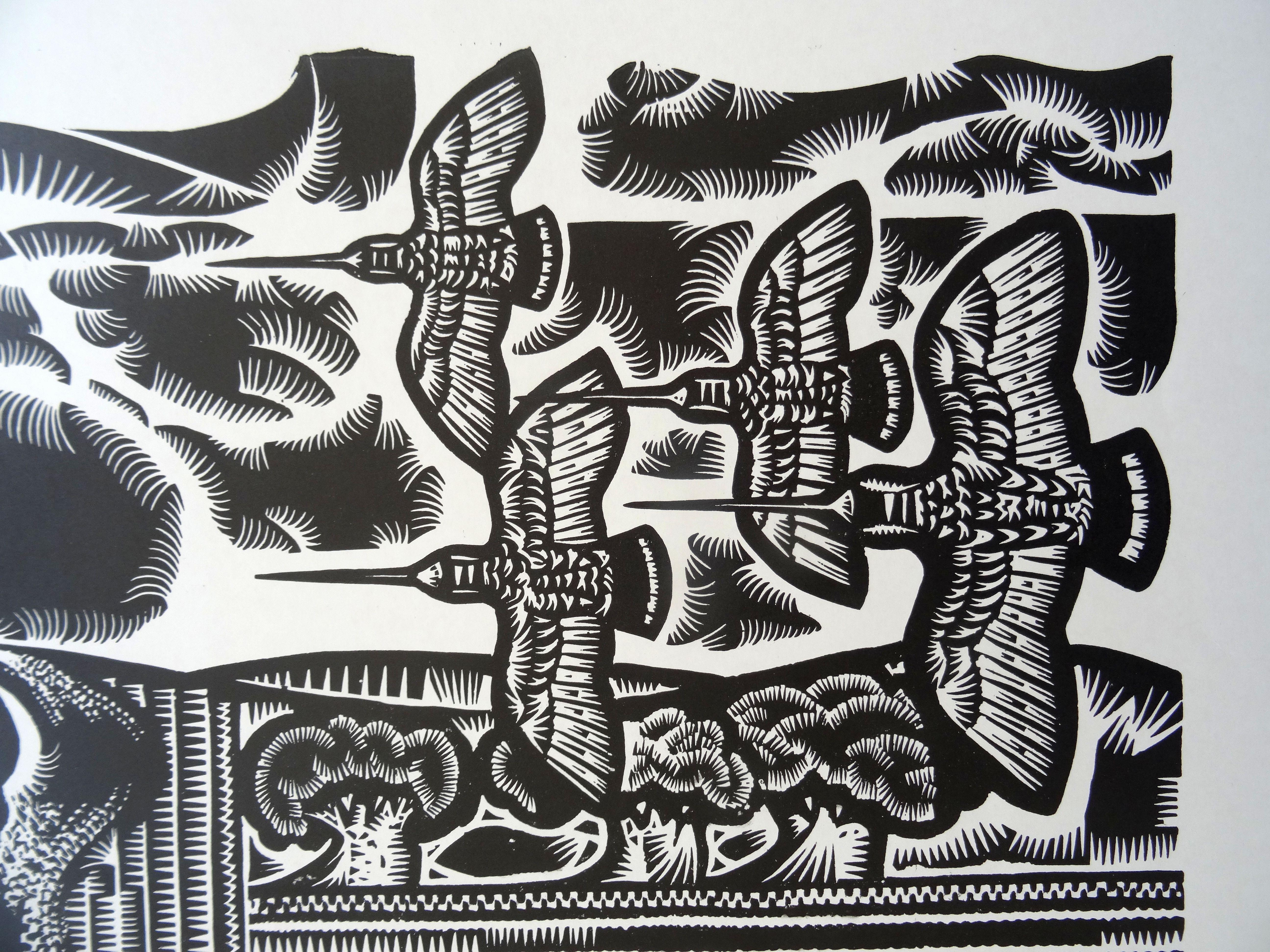 Woodcocks return. 1970, Paper, linocut, print size 52x55 cm; total 70x65 cm - Print by Dainis Rozkalns