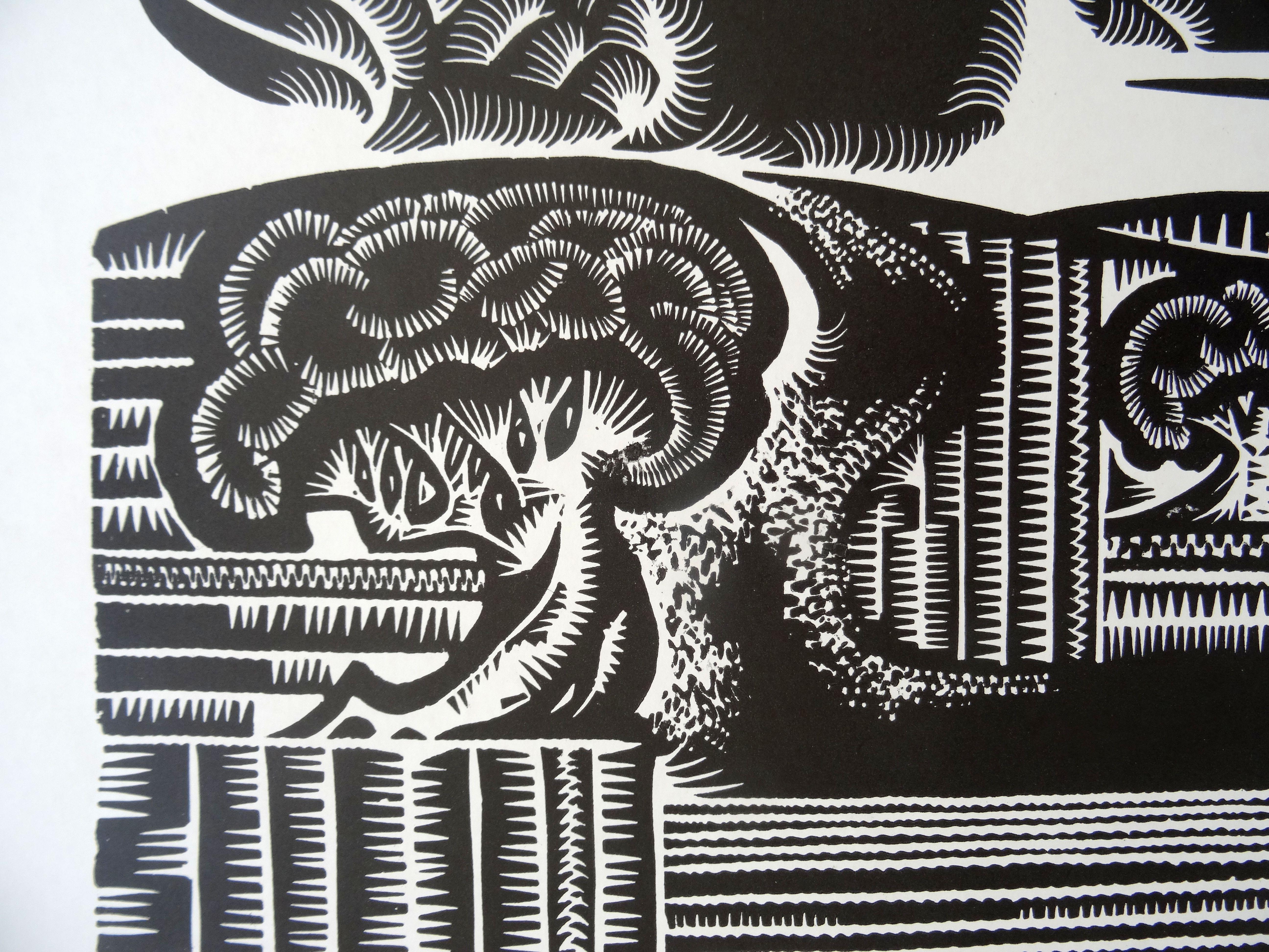 Woodcocks return. 1970, Paper, linocut, print size 52x55 cm; total 70x65 cm - Abstract Geometric Print by Dainis Rozkalns