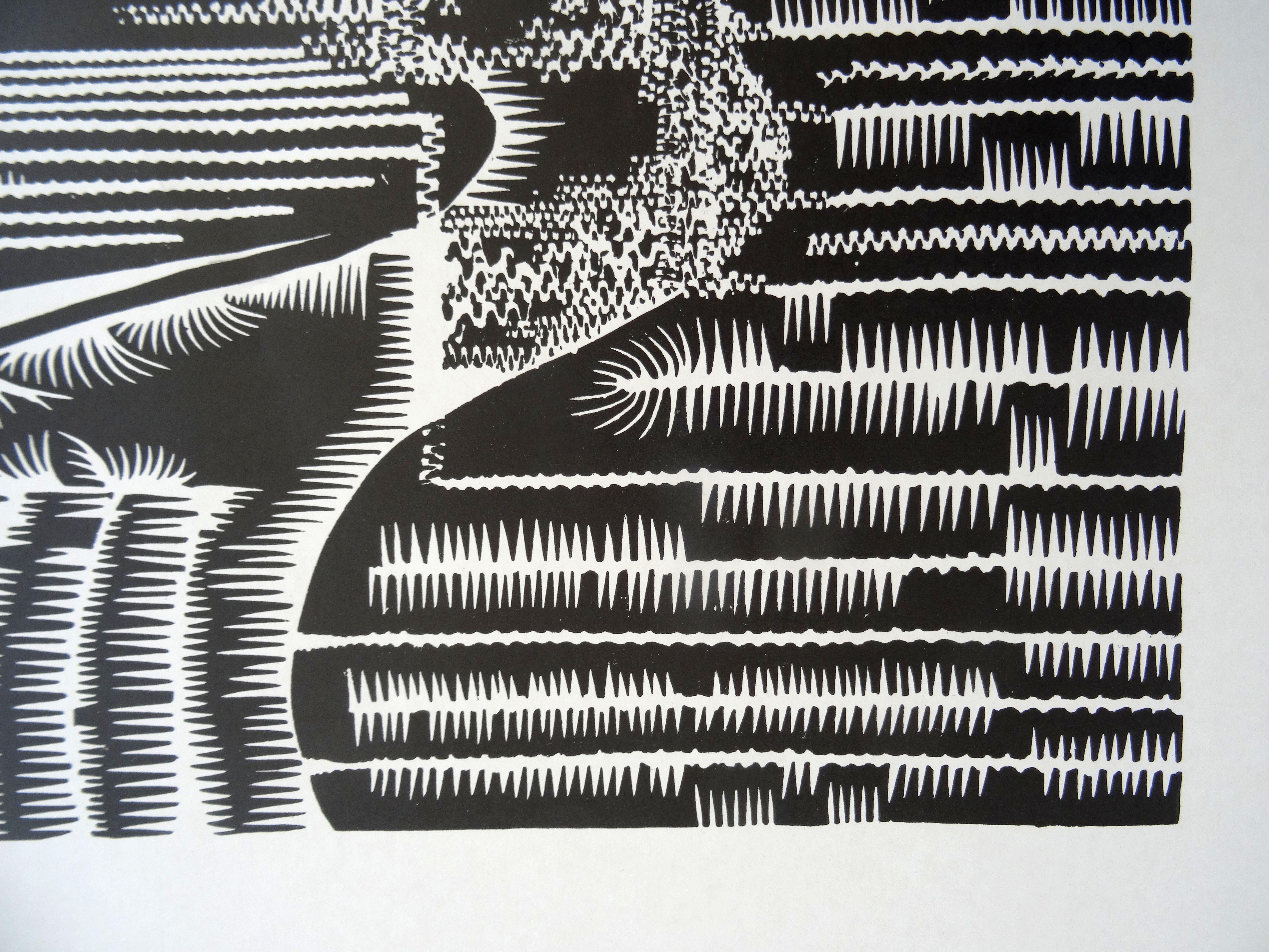 Woodcocks return. 1970, Paper, linocut, print size 52x55 cm; total 70x65 cm - Gray Animal Print by Dainis Rozkalns