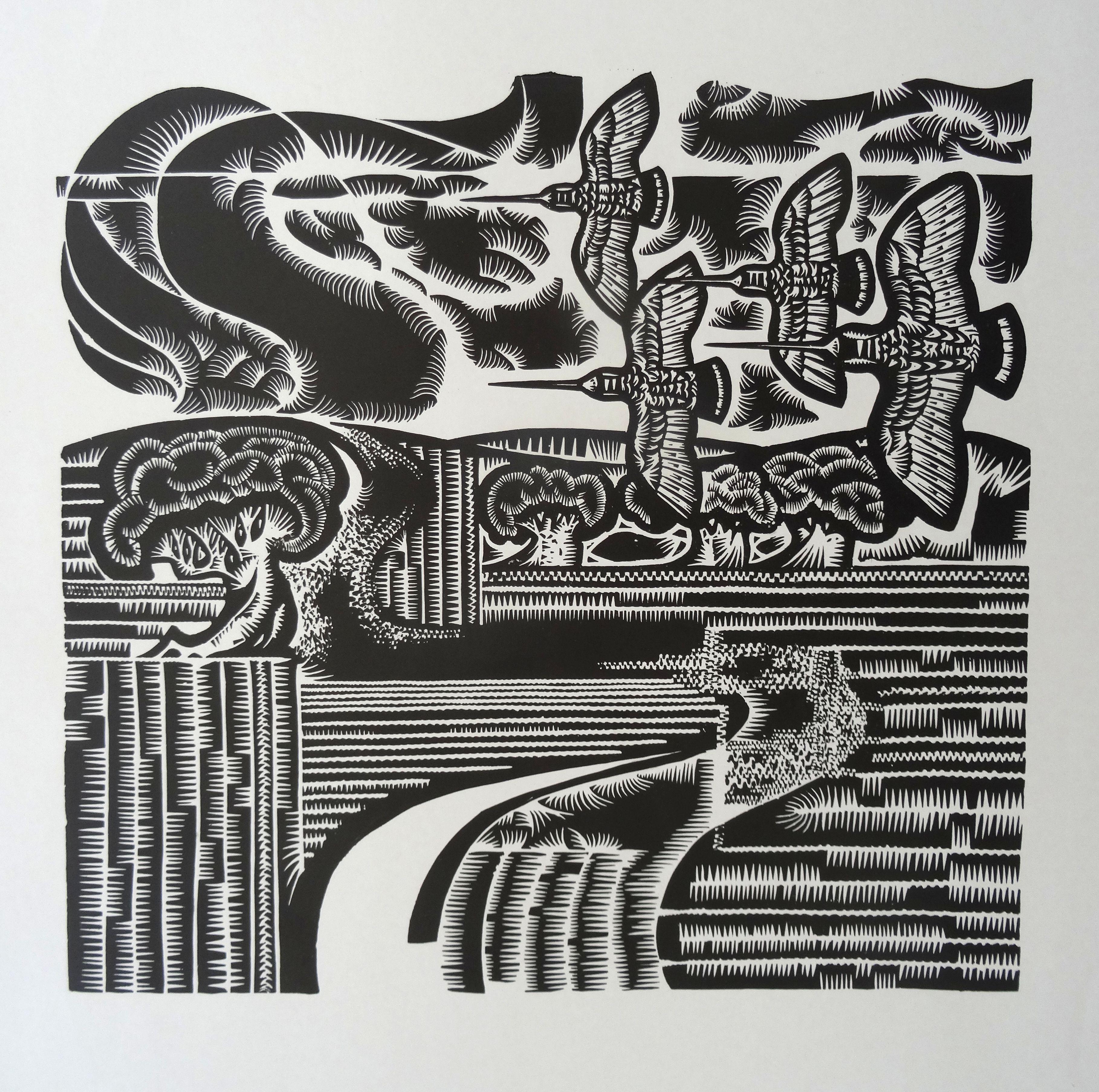 Dainis Rozkalns Animal Print - Woodcocks return. 1970, Paper, linocut, print size 52x55 cm; total 70x65 cm