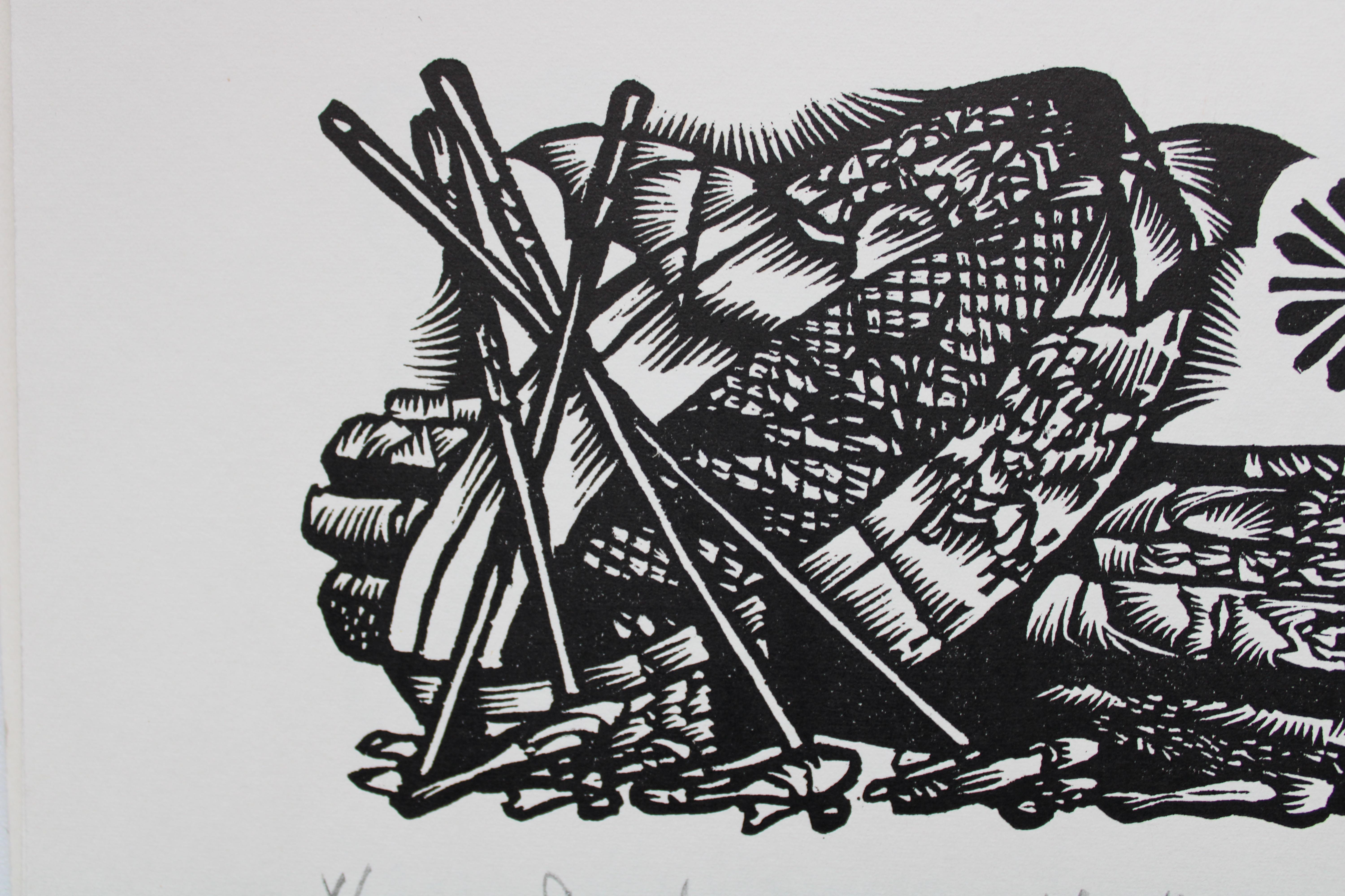 Lavorare con le colture. 1982. Carta, linoleografia, 20x34 cm - Print Arte popolare di Dainis Rozkalns